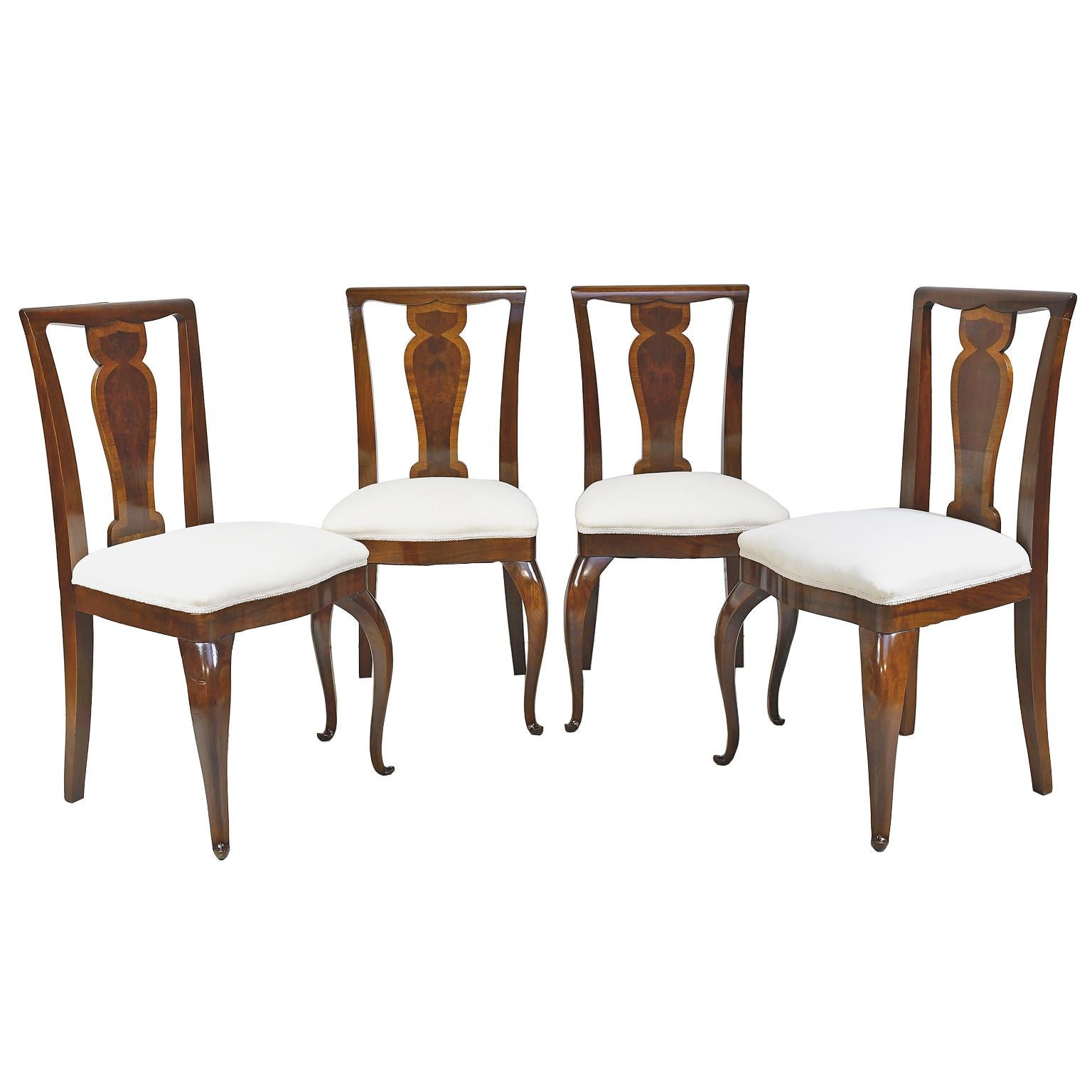 Polished Set of 4 Mahogany and Walnut French Art Deco Dining Chairs, circa 1910-1920