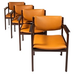 Vintage Set of 4 Mahogany Arm Chairs, Caramel Leather by Danish Overseas Imports, 1960's