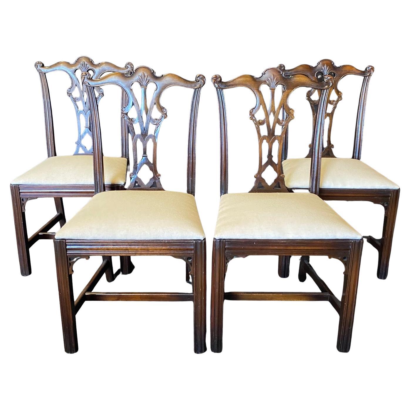 Set of 4 Mahogany Chippendale Dining Chairs with New Upholstery
