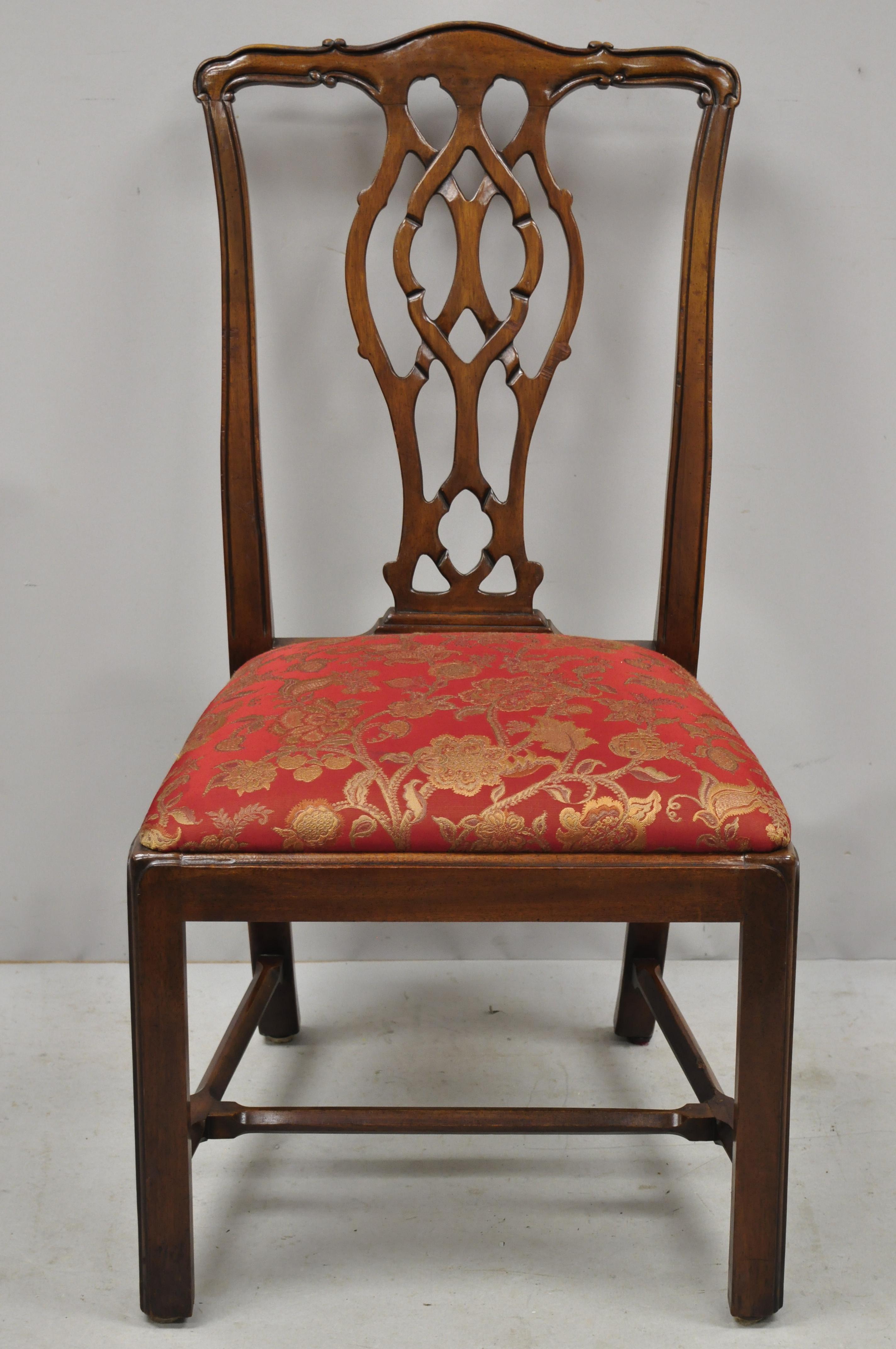 Set of 4 mahogany Chippendale style dining side chairs attributed to Bernhardt. Listing includes (4) side chairs, solid wood frame, nicely carved details, very nice vintage item, great style and form, circa mid-late 20th century. Measurements: 39