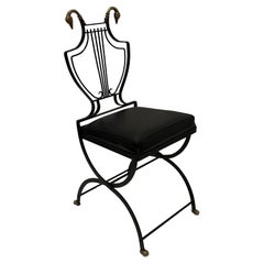 Set of 4 Black Iron and Brass Swan & Lyre Motif Dining Chairs
