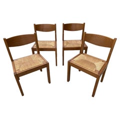 Vintage Set of 4 Maison Regain Solid Elm Rush Dining Chairs, France, 1970s