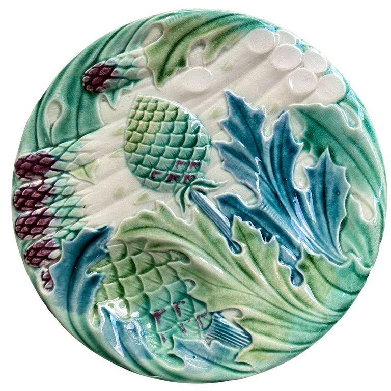 Set of 4 Majolica Asparagus Artichoke Plates French Manufactured by KG