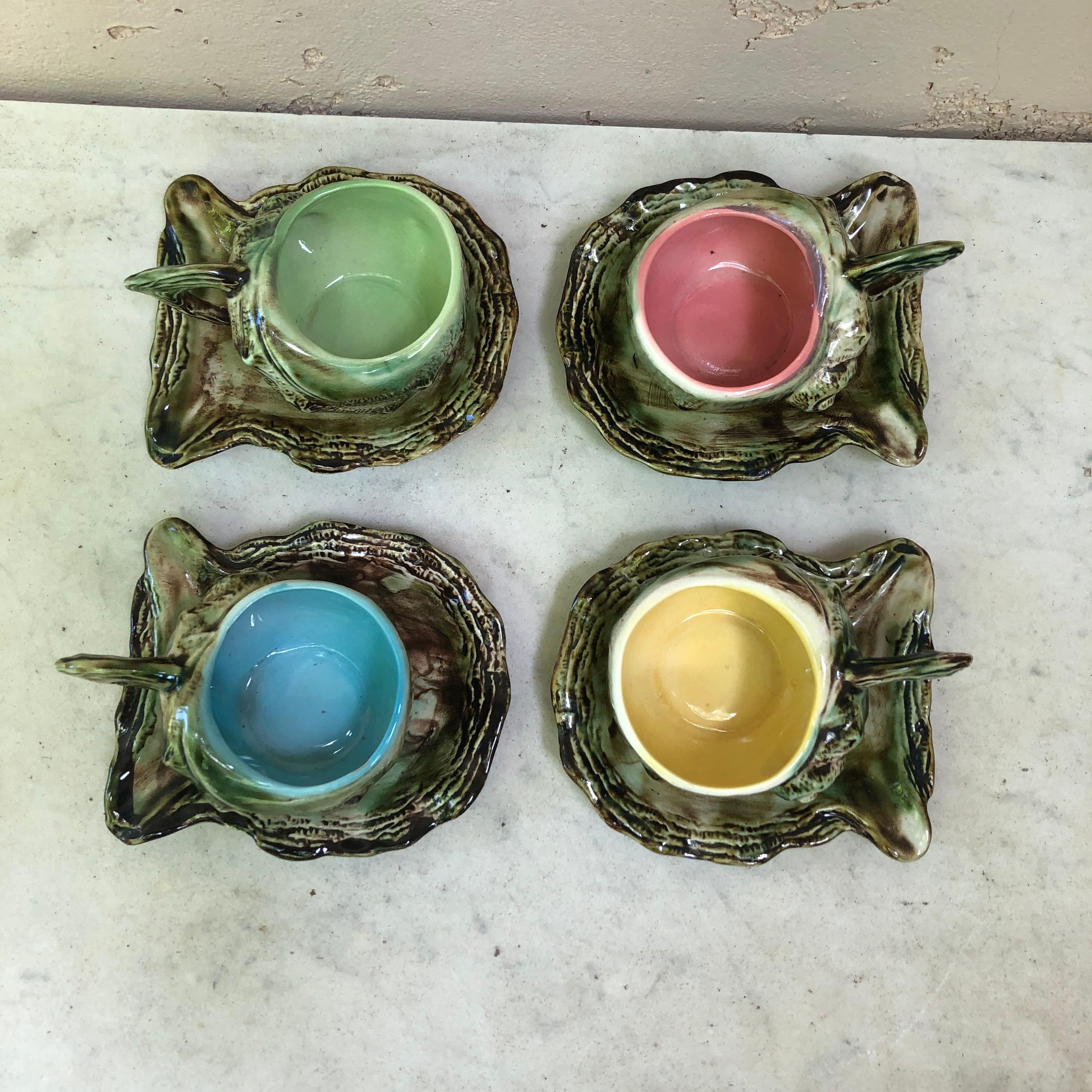 Set of 4 Majolica Shell cups & saucers Circa 1950.
All different colors inside.
Saucers / 5.2 by 4.2 inches
Cups / 4.5 by 3 inches.