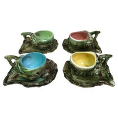 Set of 4 Majolica Shells Cups & Saucers Circa 1950