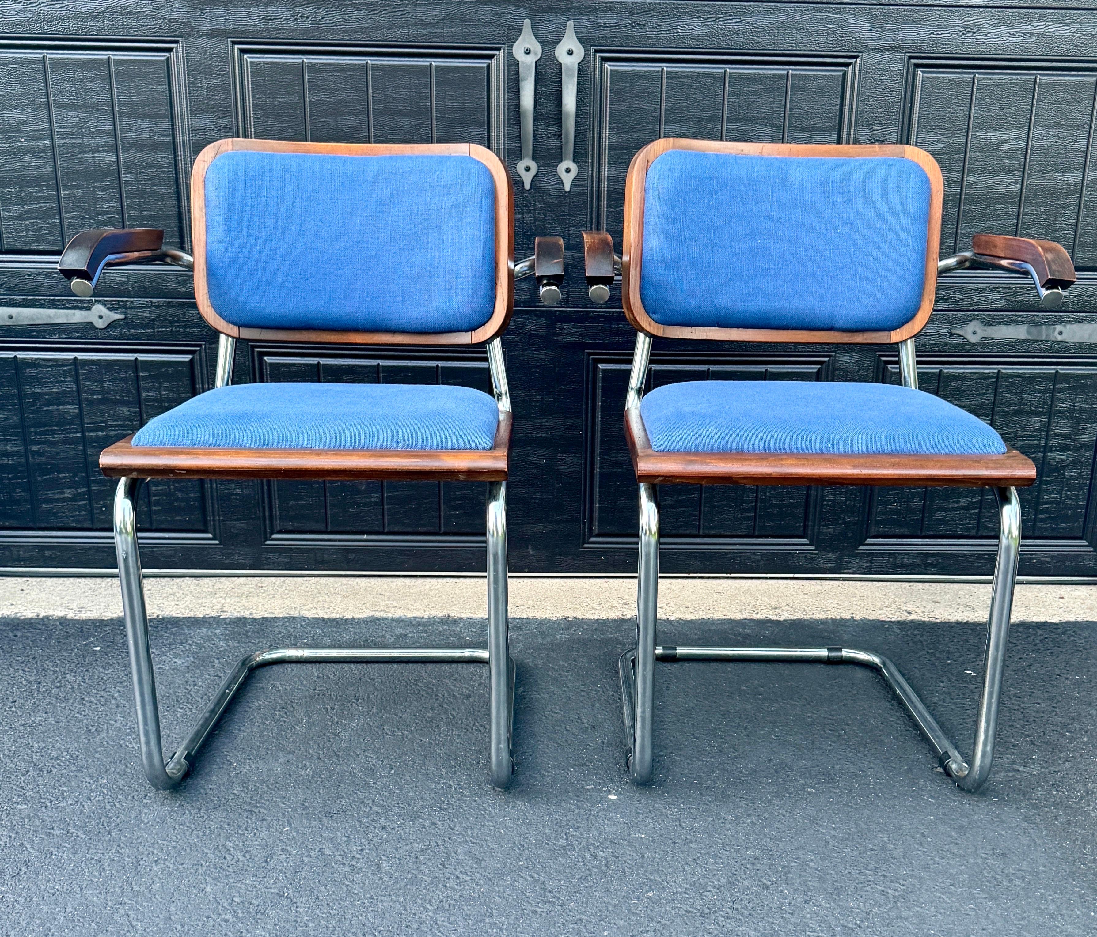Set of 4 Cesca Blue Upholstered Arm Chairs, Circa 1980 3