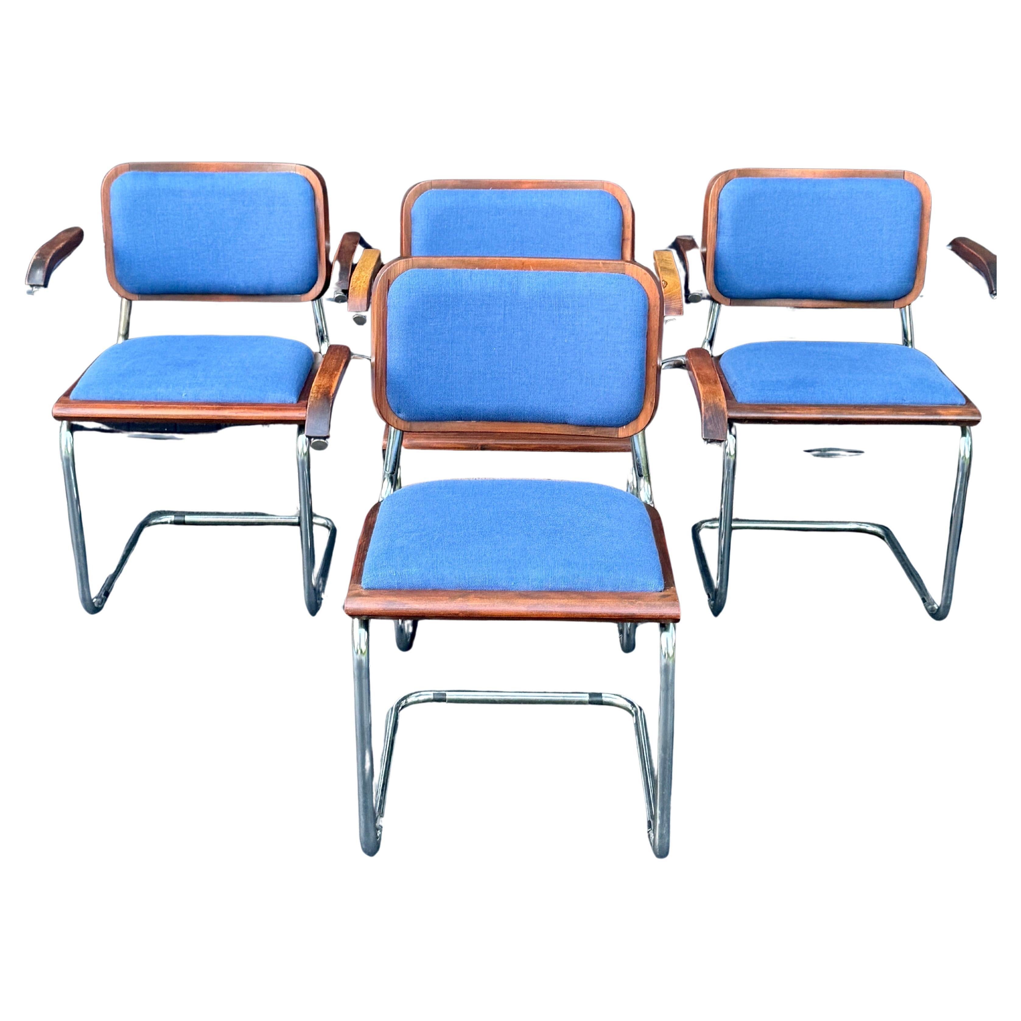 Mid-Century Modern Set of 4 Cesca Blue Upholstered Arm Chairs, Circa 1980