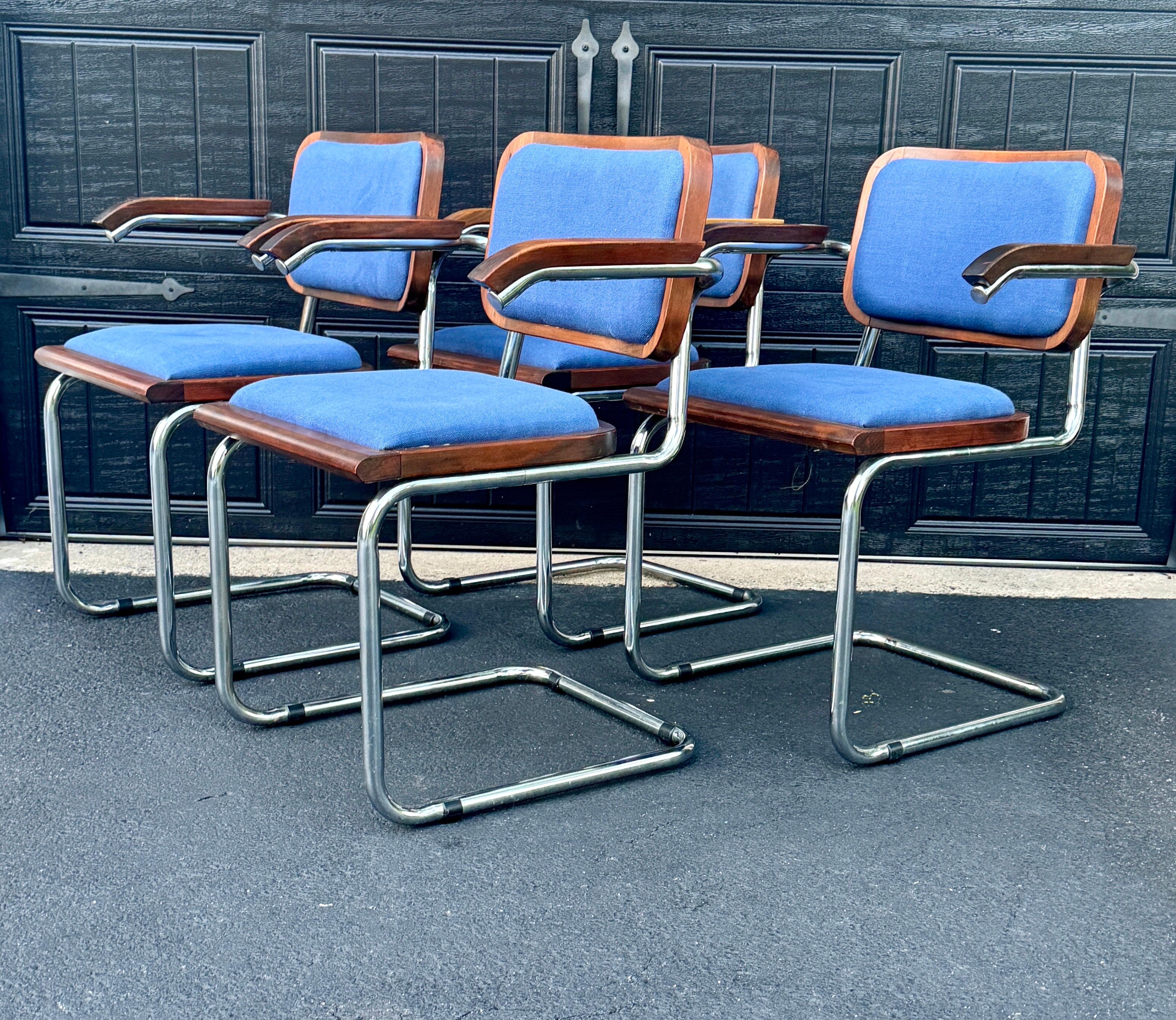 Unknown Set of 4 Cesca Blue Upholstered Arm Chairs, Circa 1980