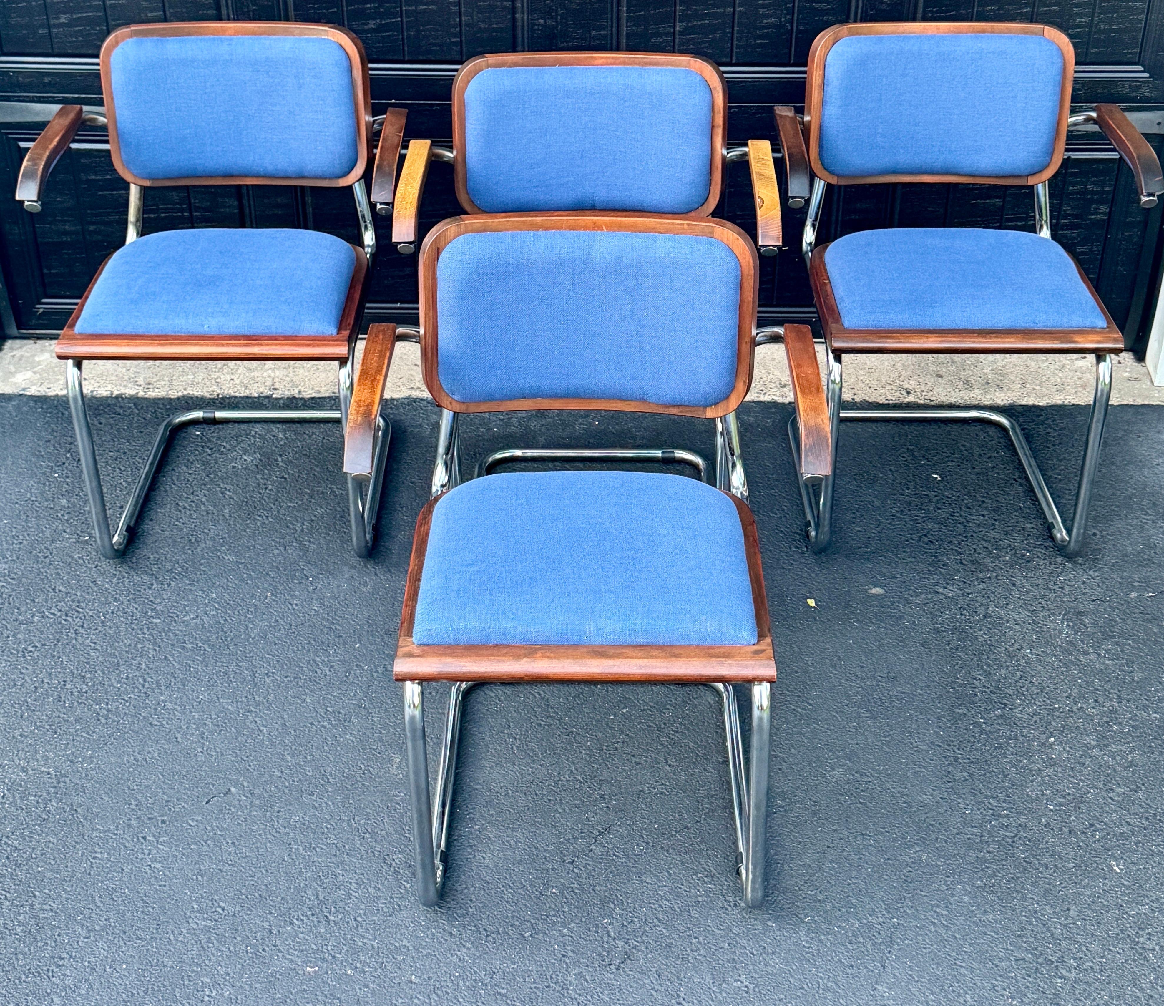 Hand-Crafted Set of 4 Cesca Blue Upholstered Arm Chairs, Circa 1980
