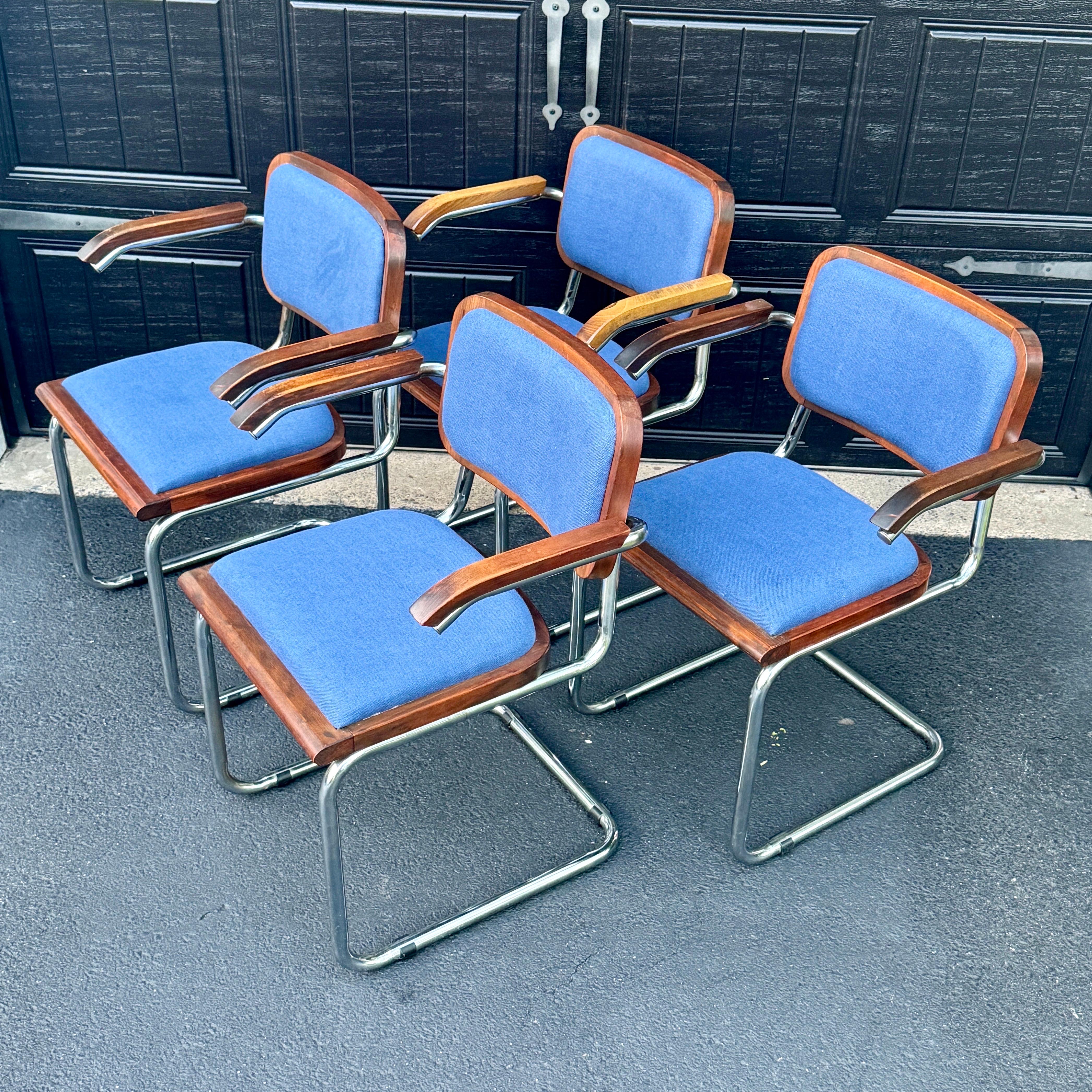 Set of 4 Cesca Blue Upholstered Arm Chairs, Circa 1980 In Good Condition In Haddonfield, NJ