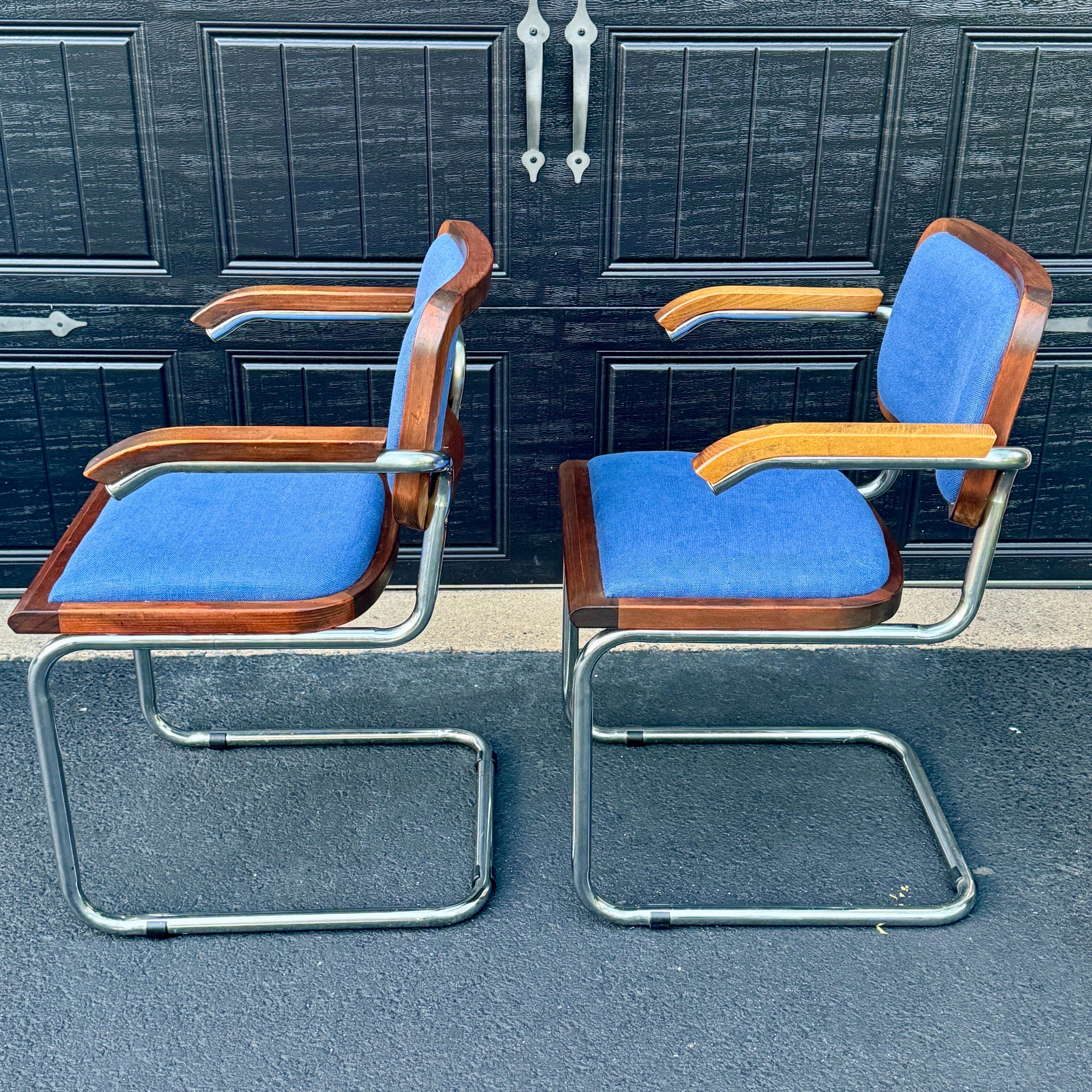20th Century Set of 4 Cesca Blue Upholstered Arm Chairs, Circa 1980
