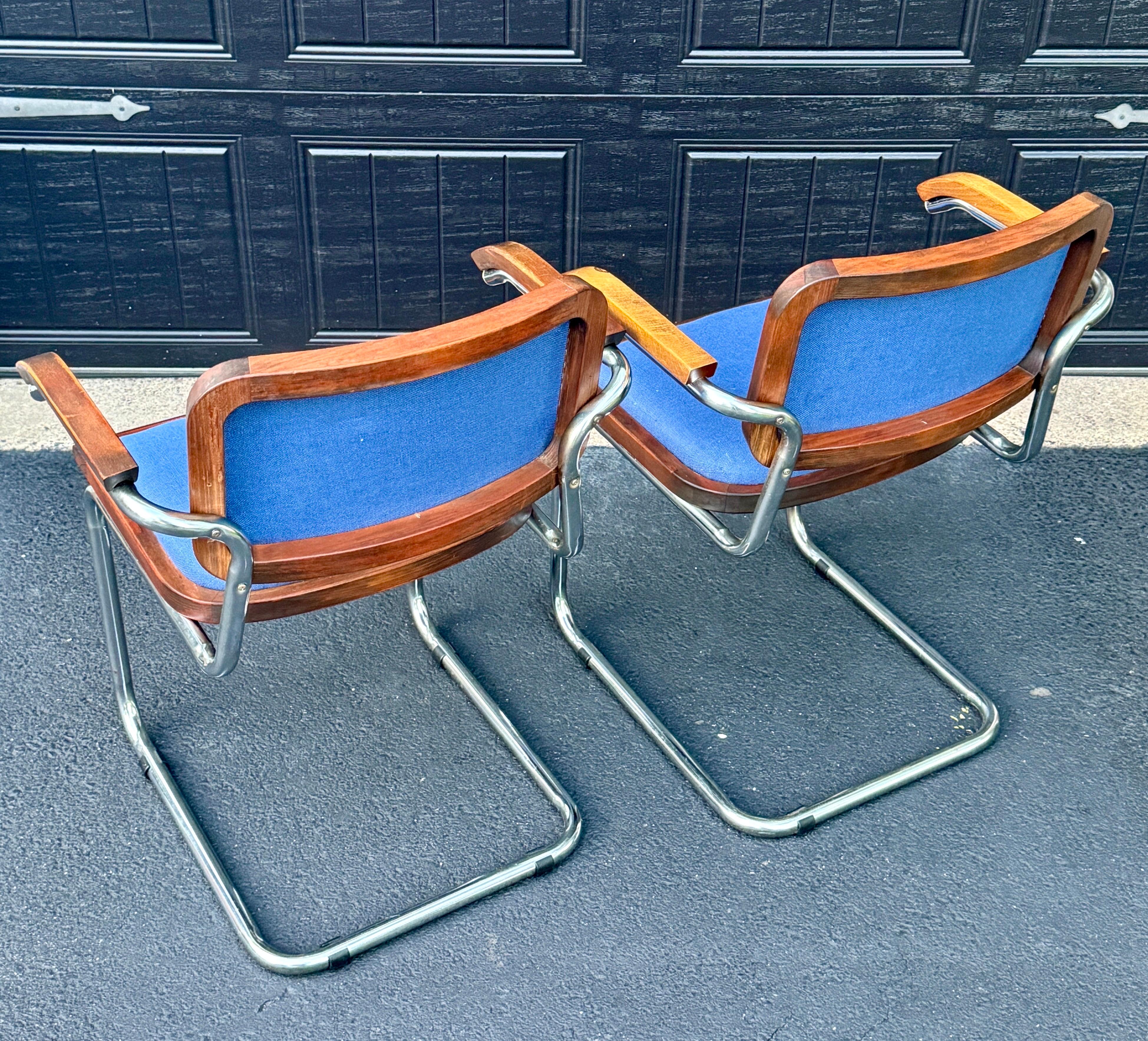 Chrome Set of 4 Cesca Blue Upholstered Arm Chairs, Circa 1980