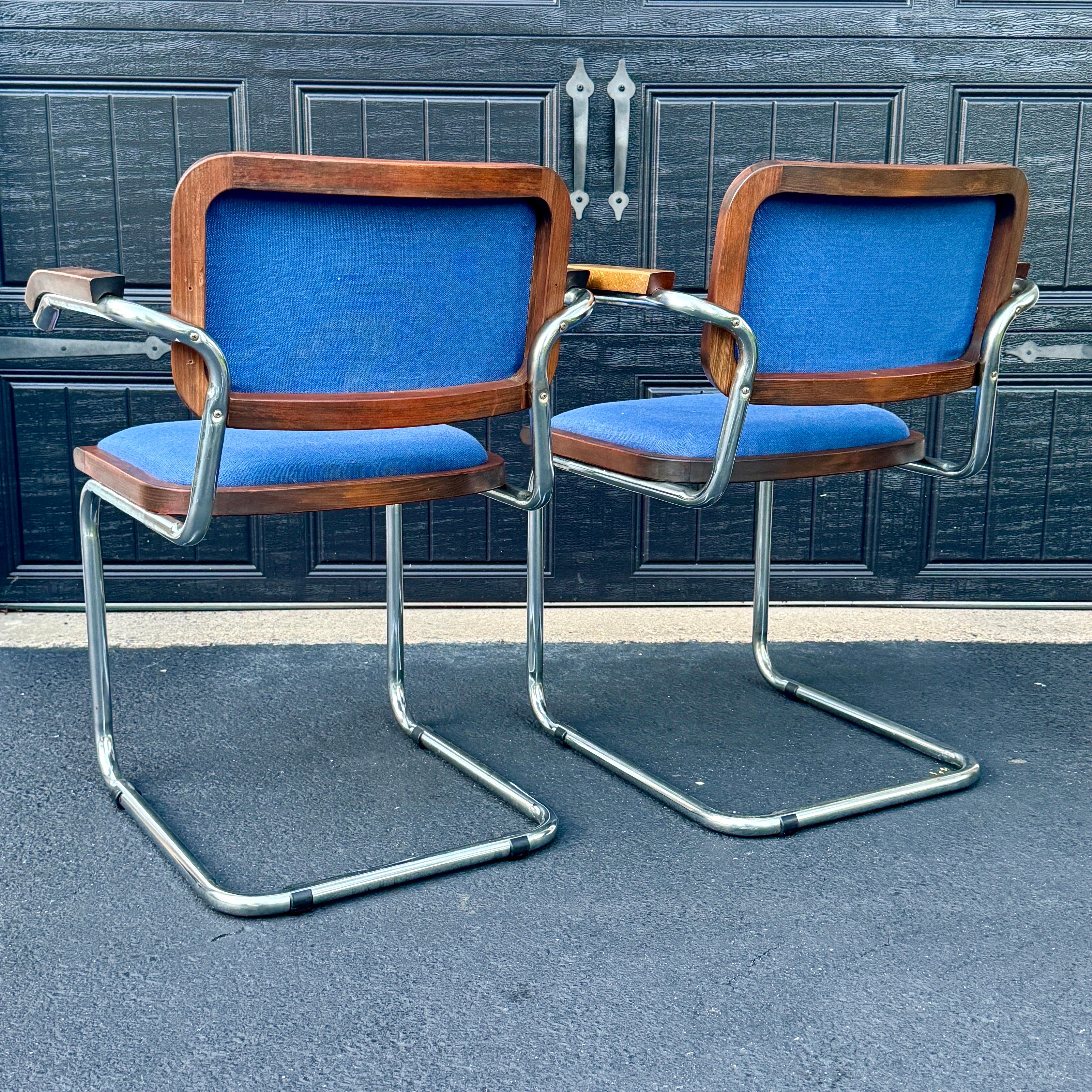 Set of 4 Cesca Blue Upholstered Arm Chairs, Circa 1980 1