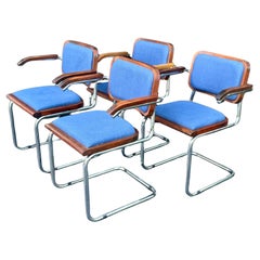 Set of 4 Cesca Blue Upholstered Arm Chairs, Circa 1980