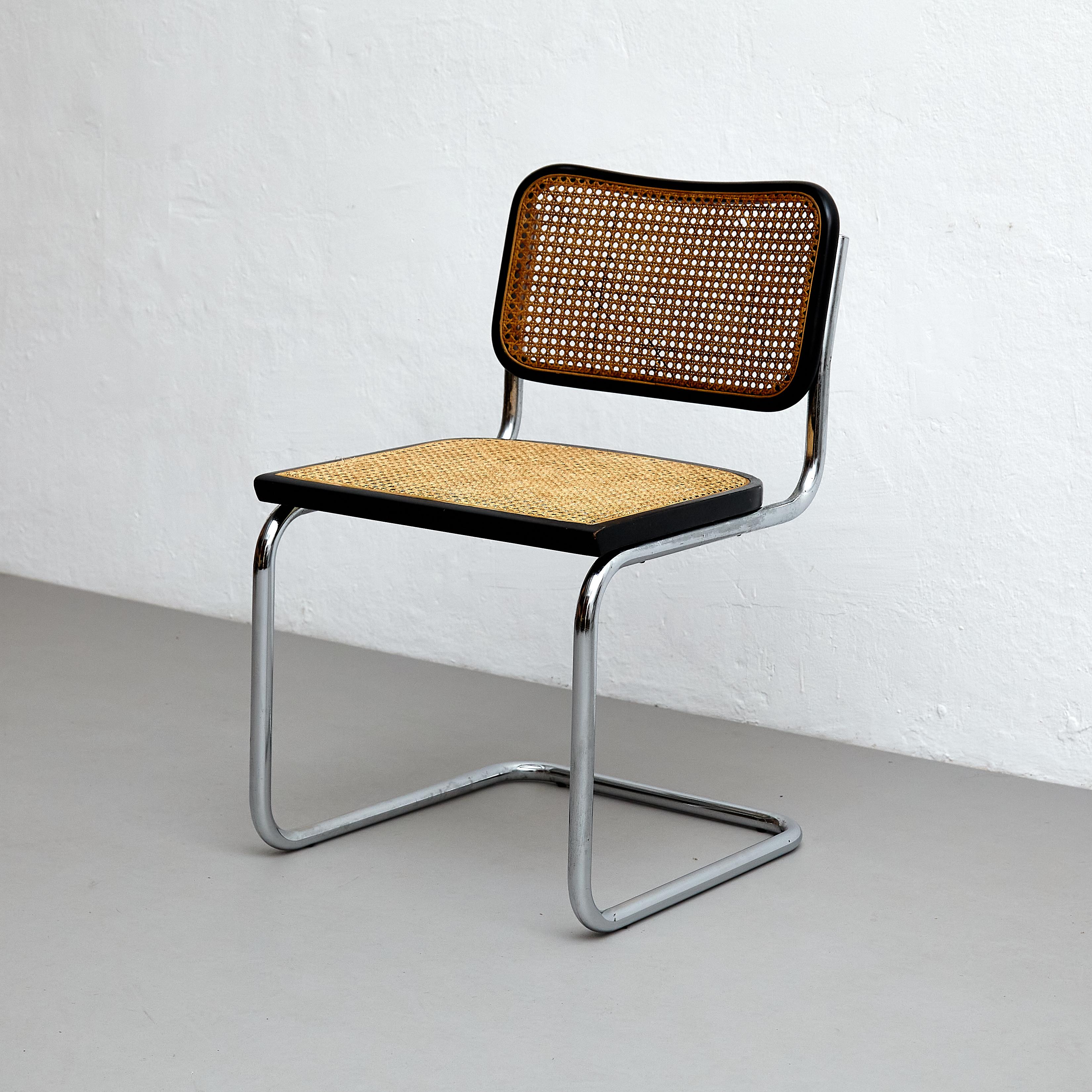 This set of four Cesca chairs, designed by Marcel Breuer, is a true testament to the iconic Bauhaus movement of the 20th century. Manufactured in Italy by an unknown manufacturer circa 1960, these chairs feature a unique combination of materials