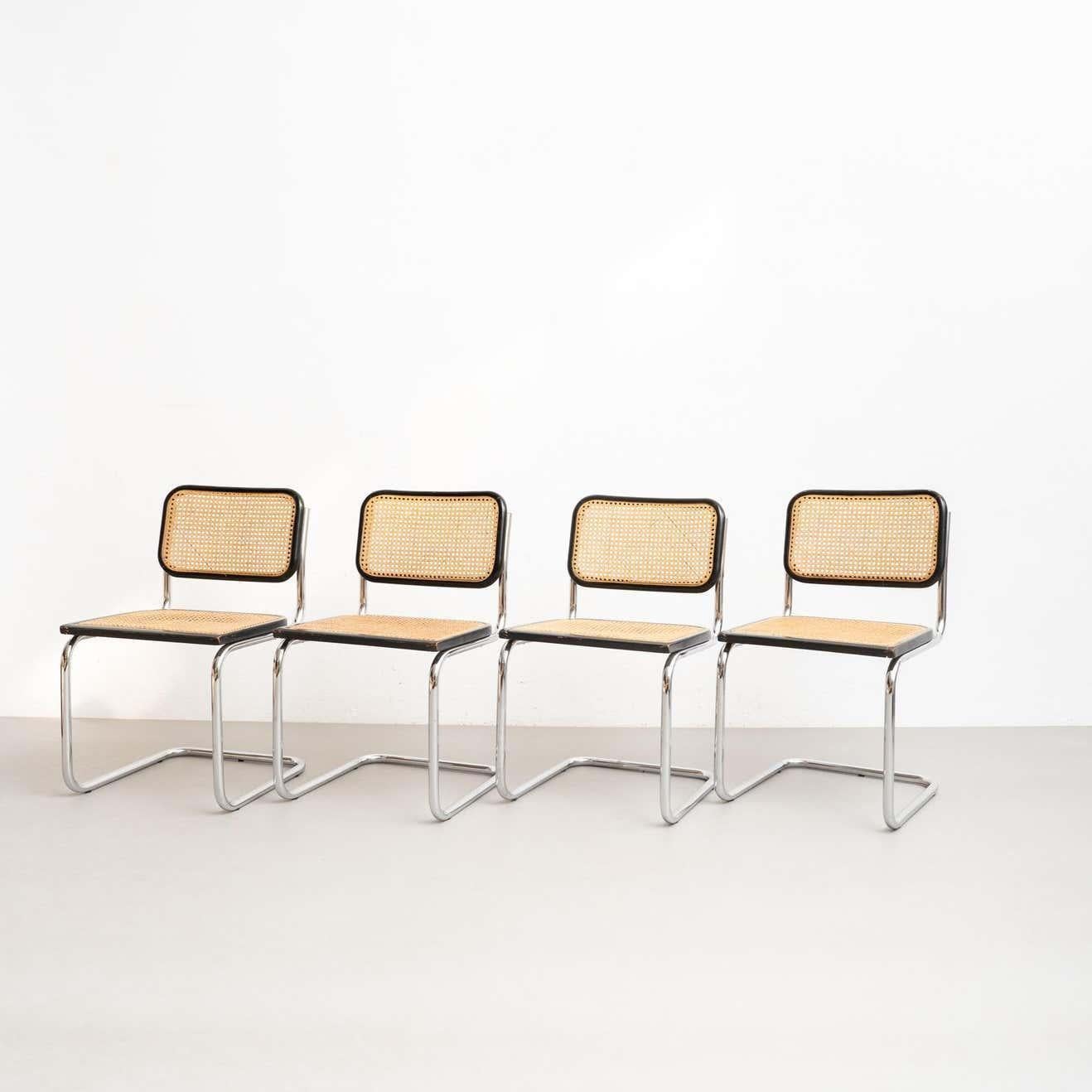 Italian Set of 4 Marcel Breuer Cesca Metal and Wood Mid-Century Modern Chairs, c 1960 For Sale