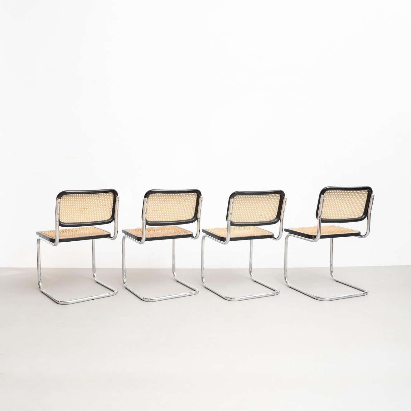 Mid-20th Century Set of 4 Marcel Breuer Cesca Metal and Wood Mid-Century Modern Chairs, c 1960 For Sale