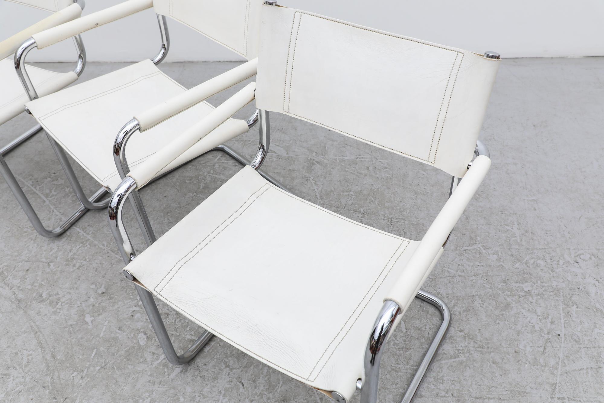 Set of 4 Marcel Breuer Style White Leather and Chrome Framed Cantilever Chairs For Sale 9