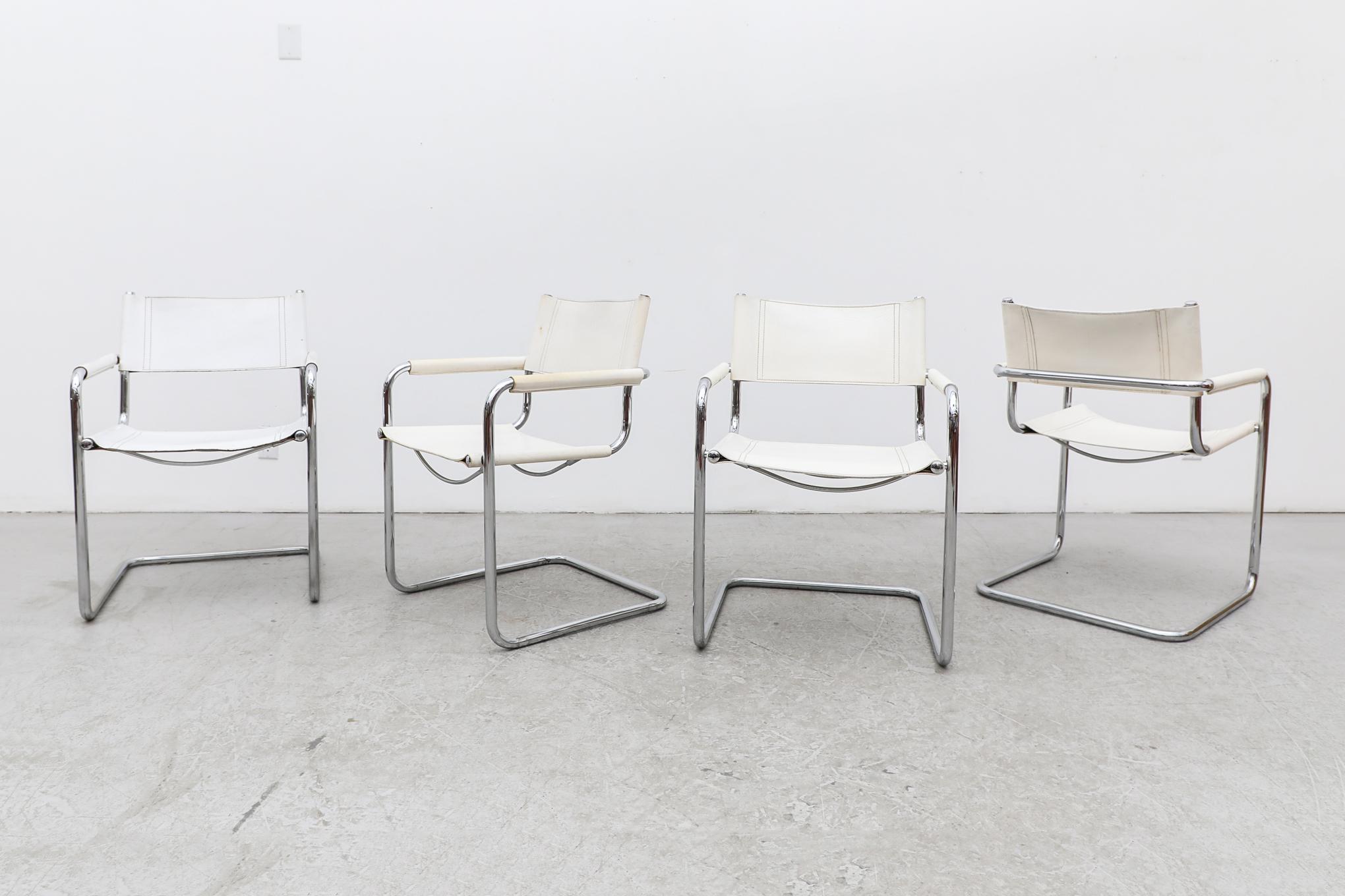 Set of 4 Marcel Breuer Style White Leather and Chrome Framed Cantilever Chairs 12