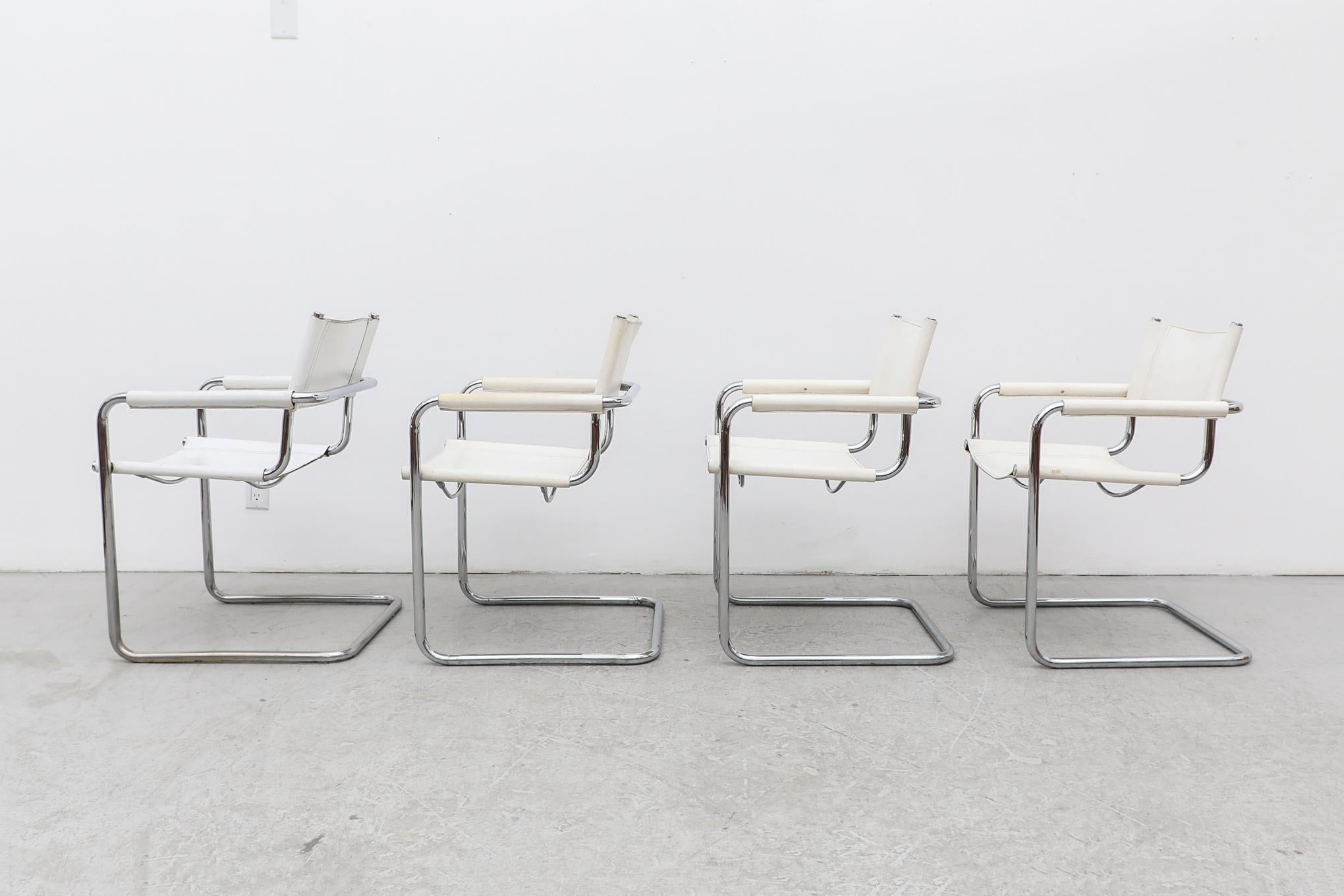 Mid-Century Modern Set of 4 Marcel Breuer Style White Leather and Chrome Framed Cantilever Chairs