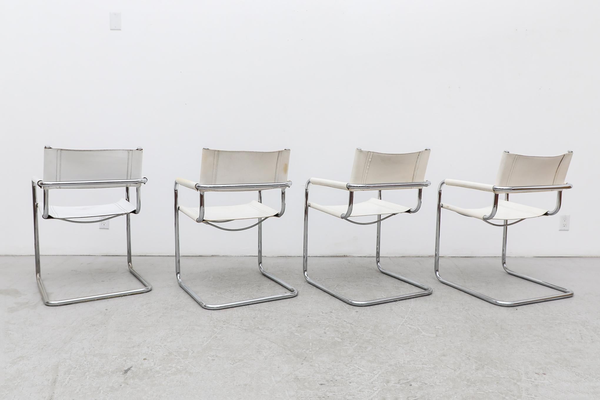 Dutch Set of 4 Marcel Breuer Style White Leather and Chrome Framed Cantilever Chairs For Sale