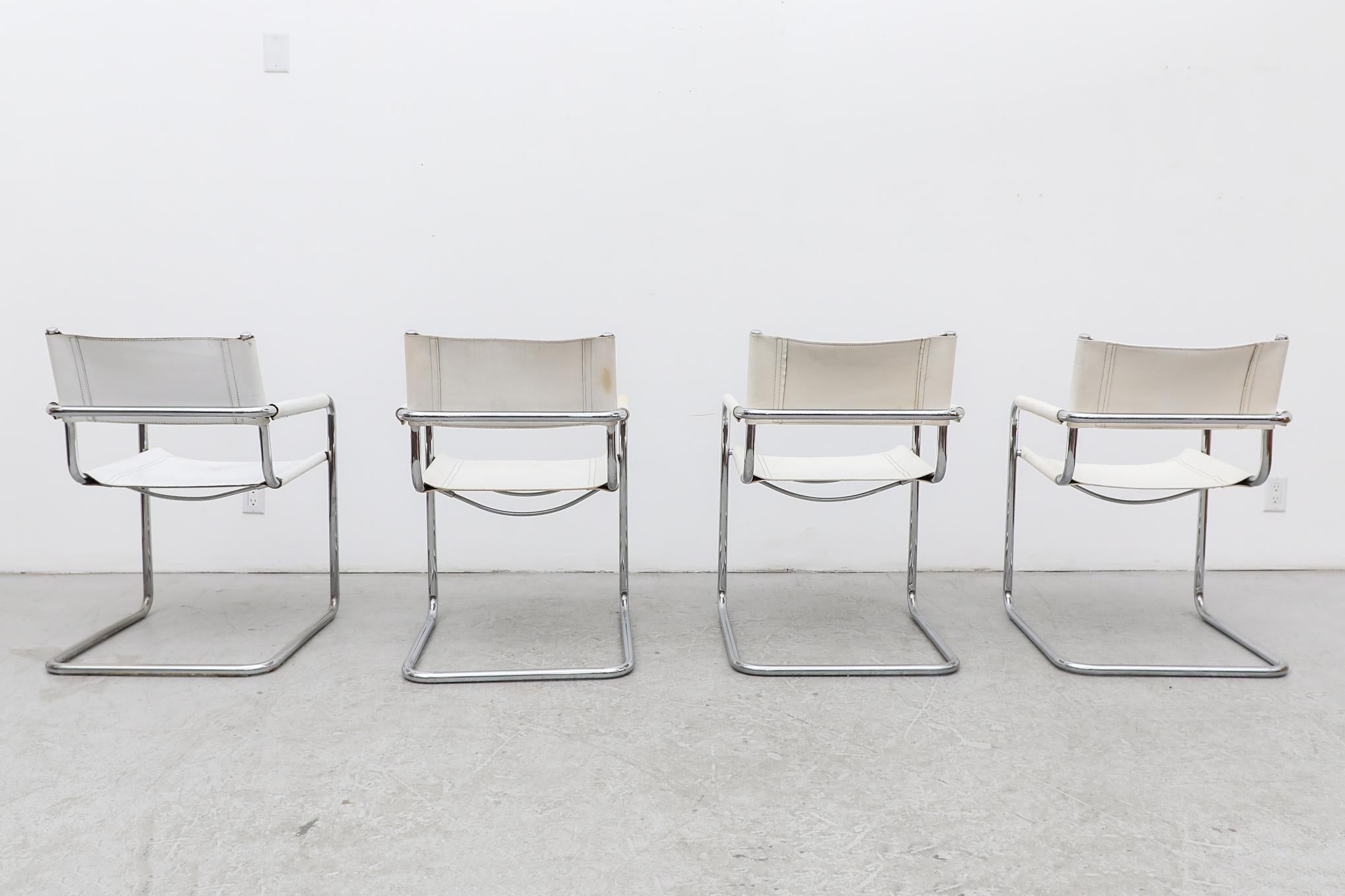 Set of 4 Marcel Breuer Style White Leather and Chrome Framed Cantilever Chairs In Good Condition For Sale In Los Angeles, CA