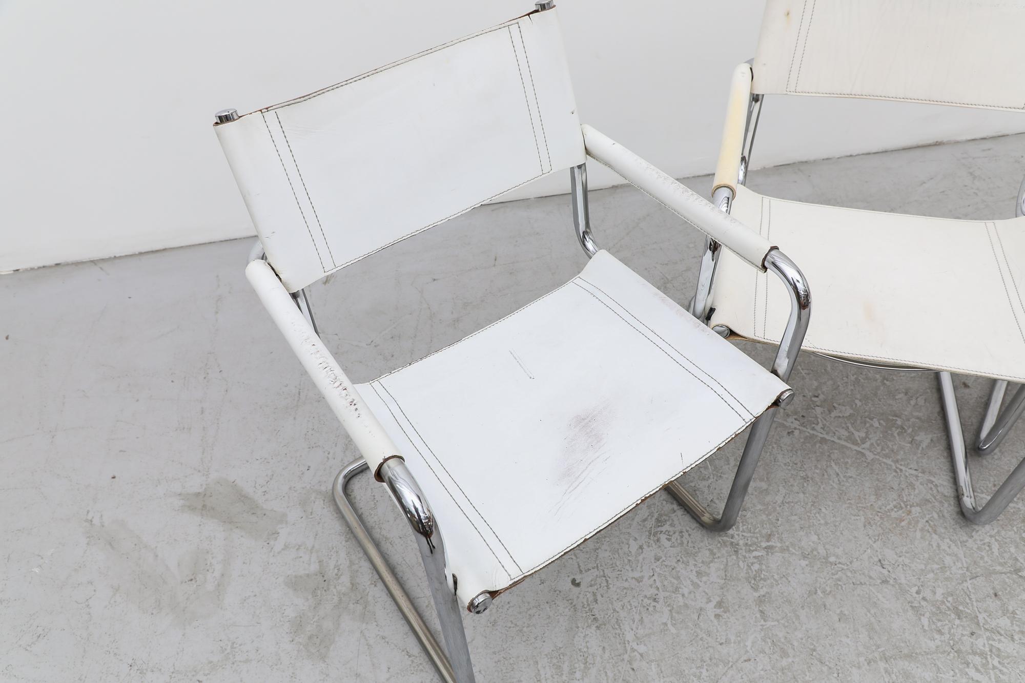 20th Century Set of 4 Marcel Breuer Style White Leather and Chrome Framed Cantilever Chairs For Sale