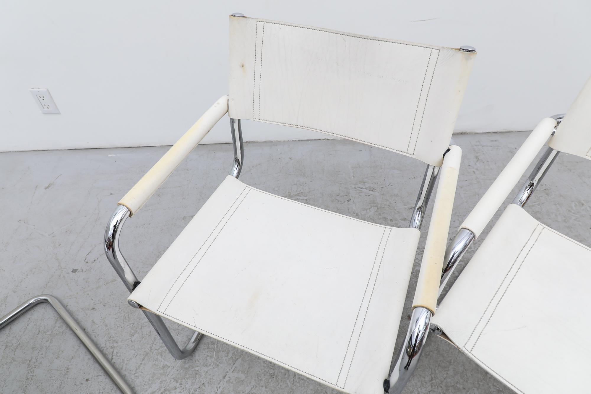 Set of 4 Marcel Breuer Style White Leather and Chrome Framed Cantilever Chairs For Sale 3