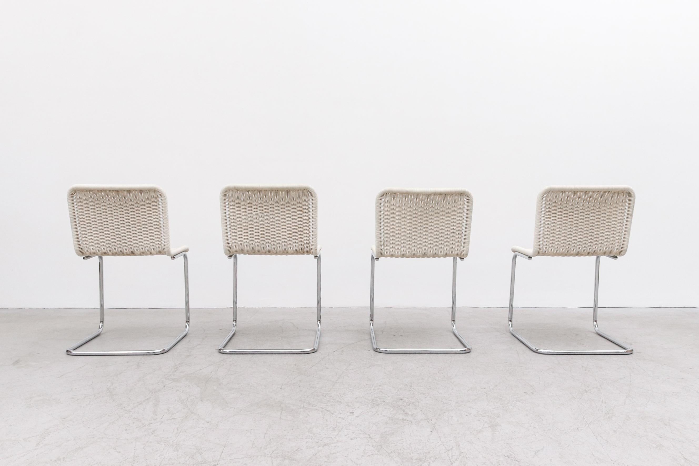 Late 20th Century Set of 4 Marcel Breuer Style Woven Rattan and Chrome Chairs