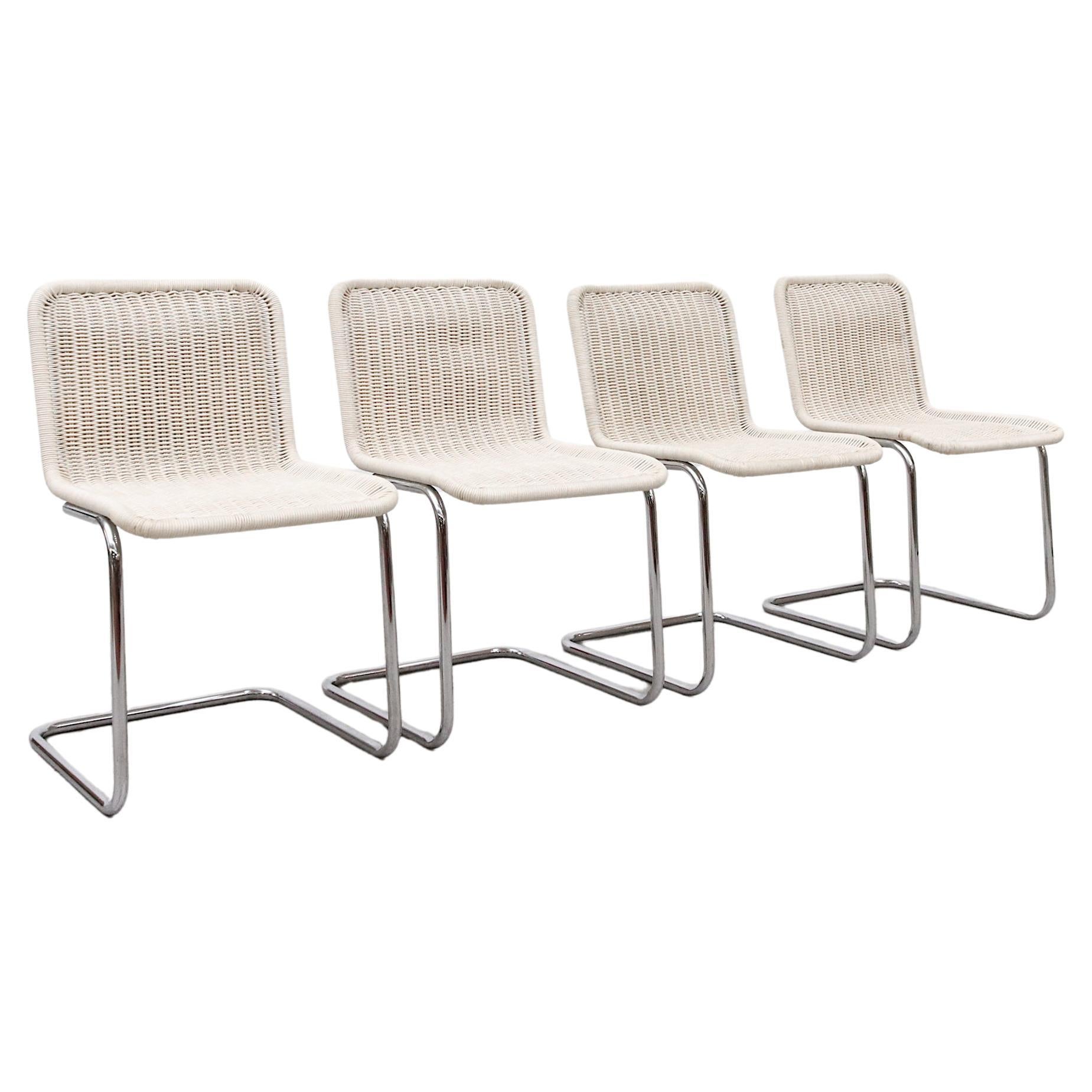 Set of 4 Marcel Breuer Style Woven Rattan and Chrome Chairs