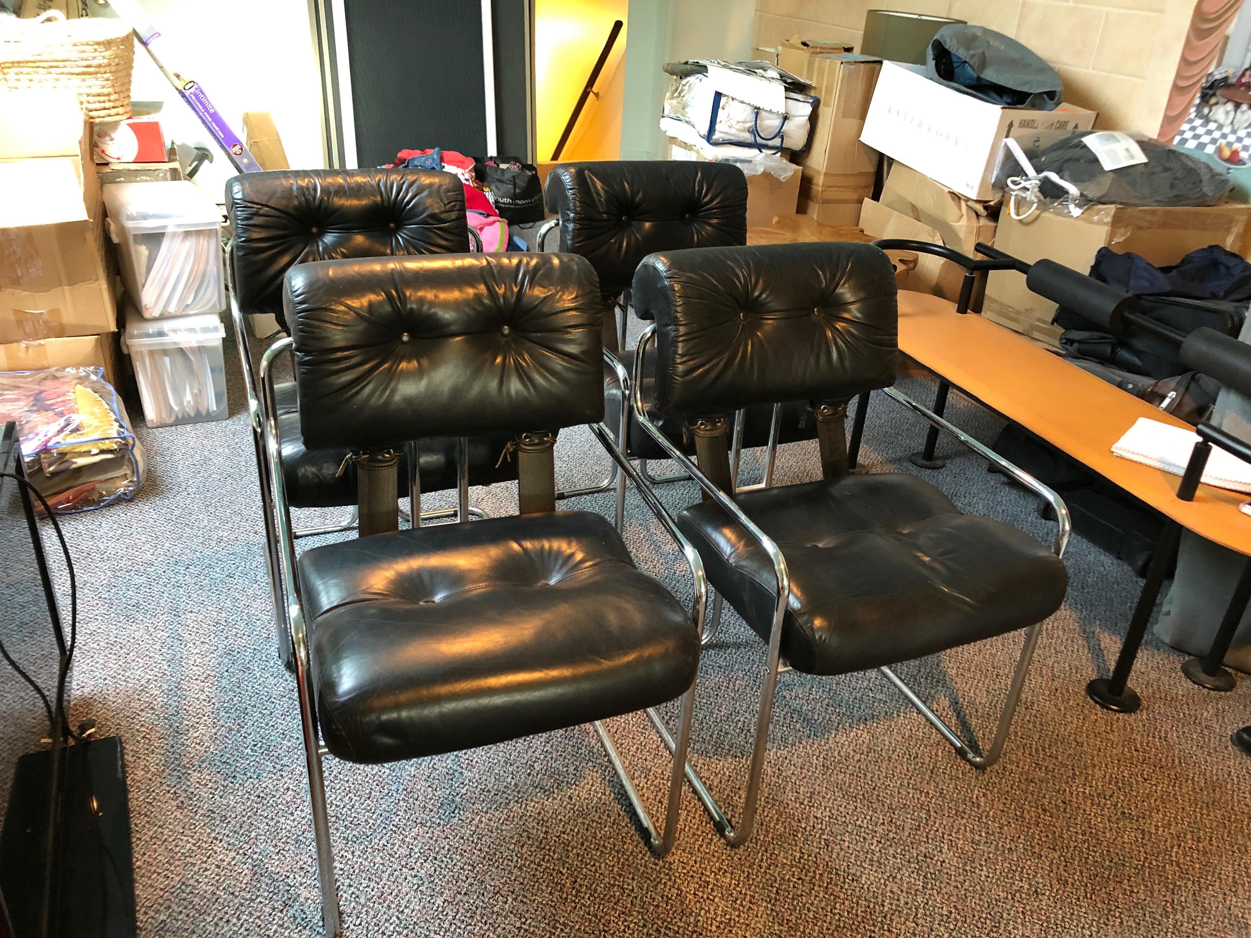 Italian Set of 4 Mariani Black Leather & Chrome Mid-Century Modern Armchairs