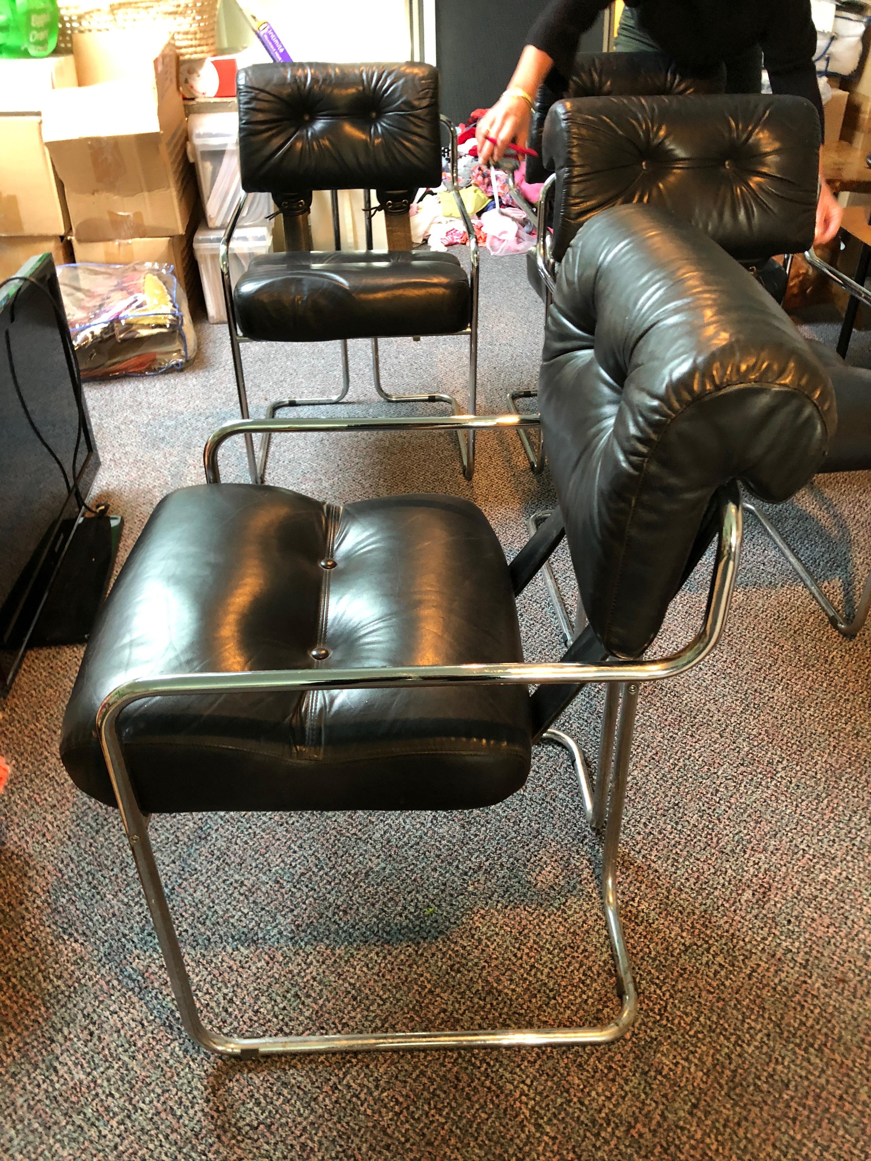 Set of 4 Mariani Black Leather & Chrome Mid-Century Modern Armchairs In Good Condition In Hopewell, NJ