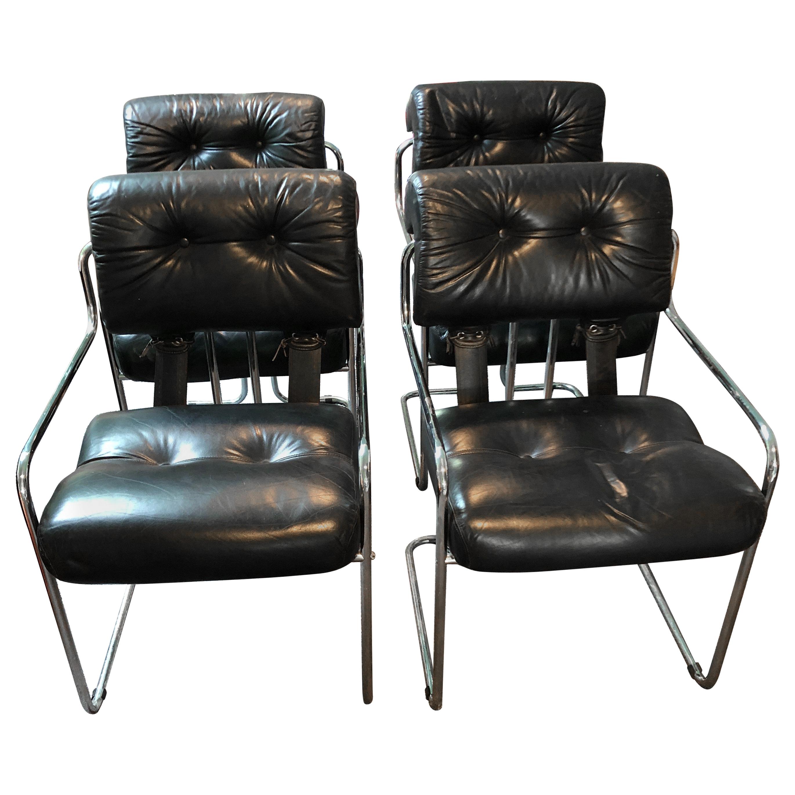 Set of 4 Mariani Black Leather & Chrome Mid-Century Modern Armchairs