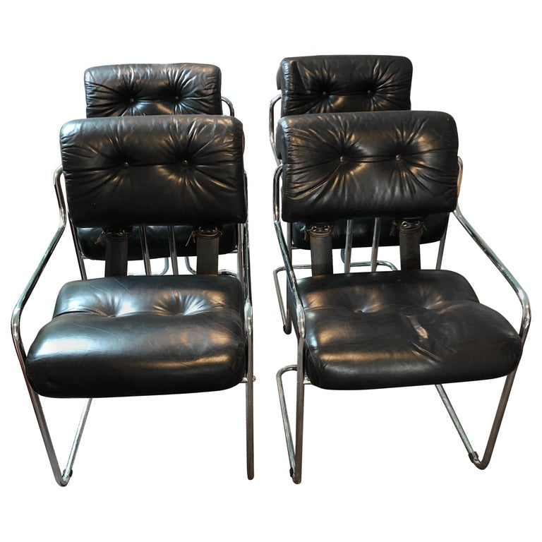 Set of 4 Mariani Black Leather and Chrome MidCentury Modern Armchairs