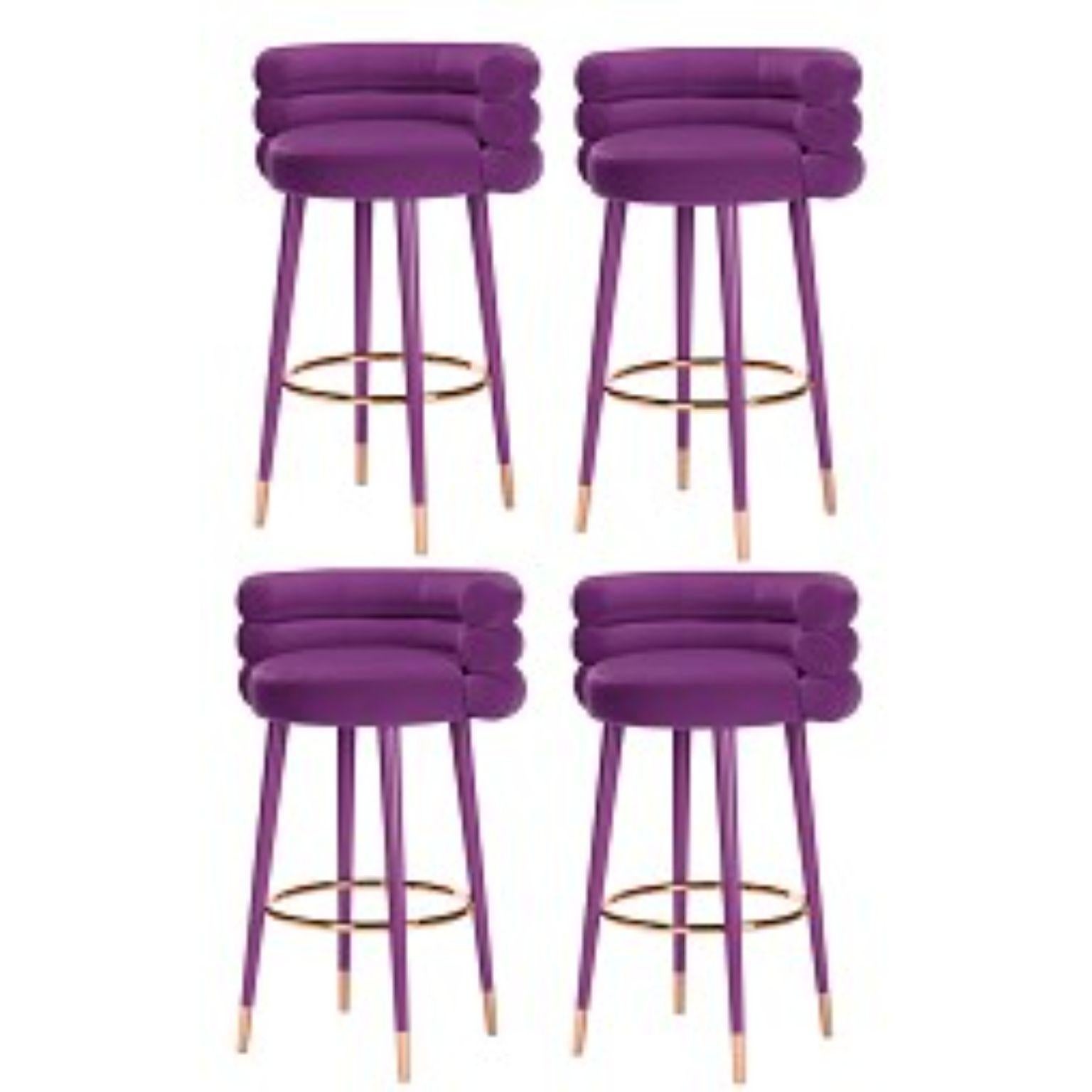 Set of 4 Marshmallow bar stools, Royal Stranger
Dimensions: 100 x 70 x 60 cm
Materials: Velvet upholstery, brass
Available in: Mint green, light pink, Royal green and Royal red

Royal stranger is an exclusive furniture brand determined to bring