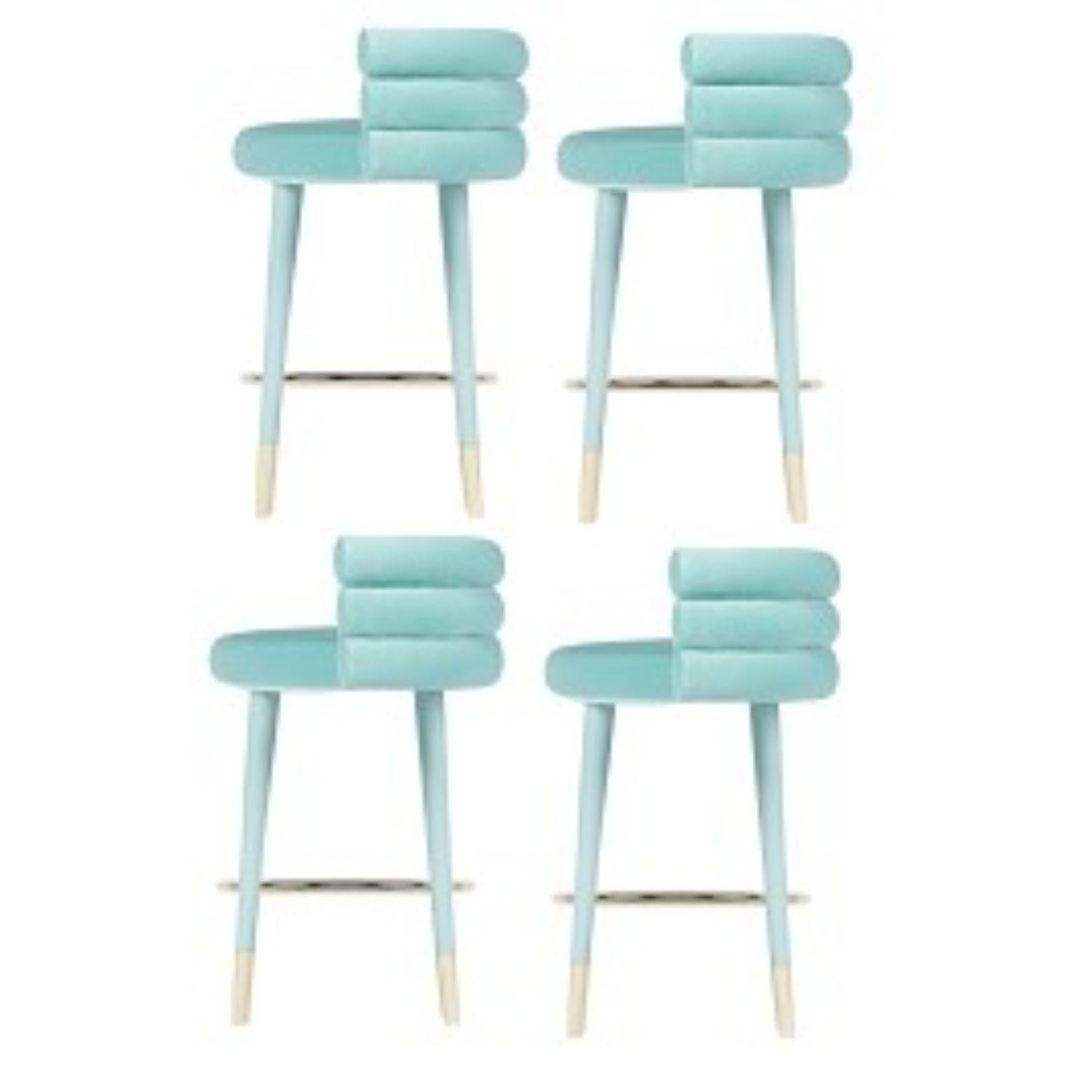 Set of 4 Marshmallow bar stools, Royal Stranger
Dimensions: 100 x 70 x 60 cm
Materials: Velvet upholstery, brass
Available in: Mint green, light pink, Royal green, and Royal red

Royal stranger is an exclusive furniture brand determined to