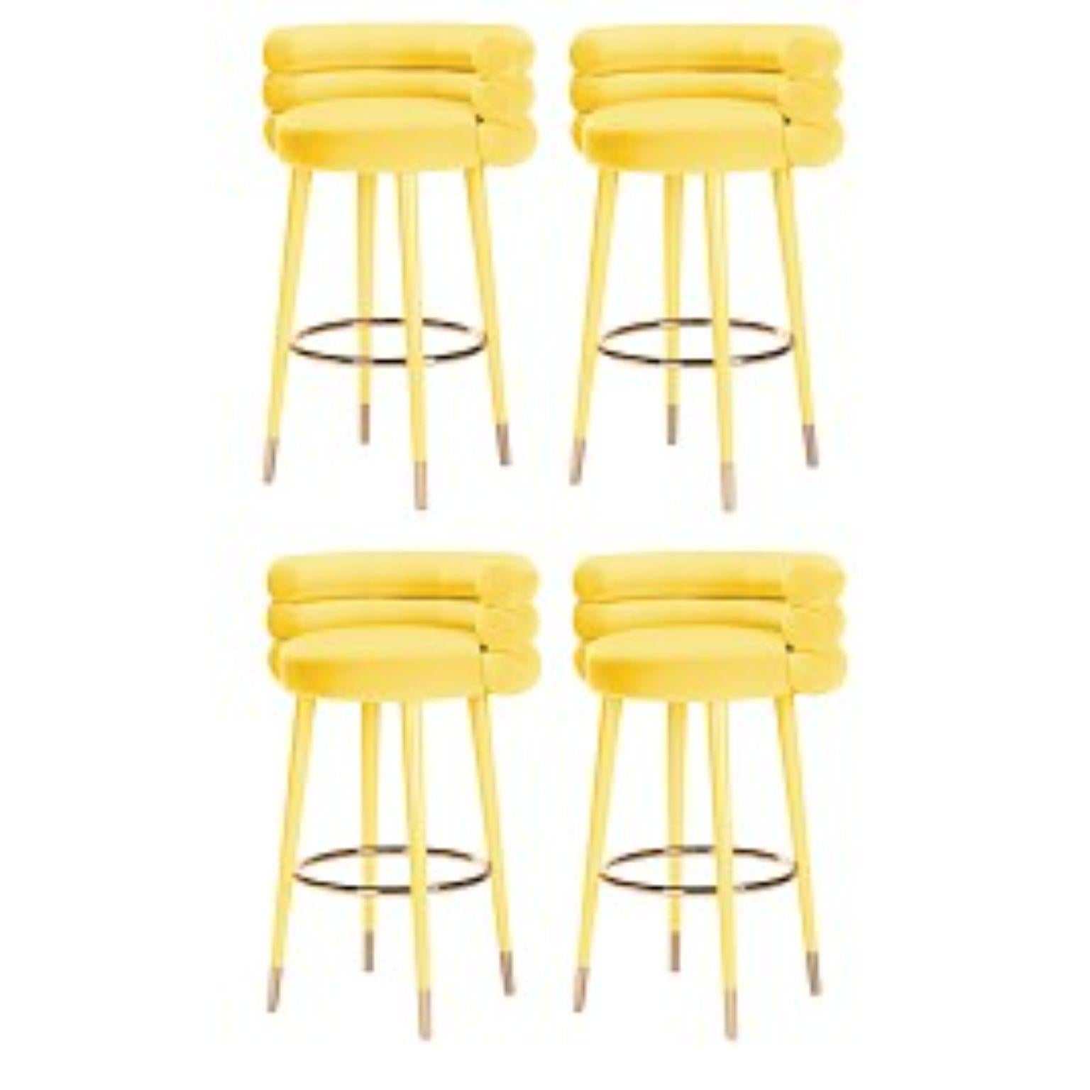 Set of 4 marshmallow bar stools, Royal Stranger
Dimensions: 100 x 70 x 60 cm
Materials: Velvet upholstery, brass
Available in: Mint green, light pink, Royal green, Royal red

Royal stranger is an exclusive furniture brand determined to bring