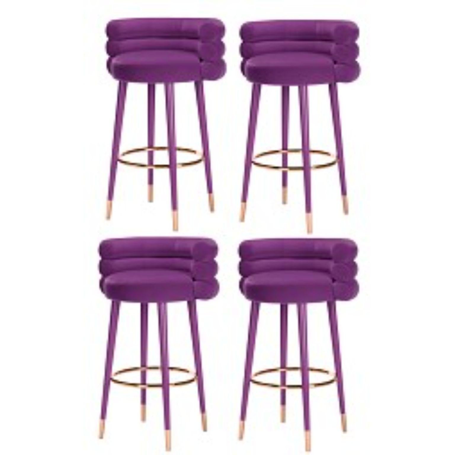 Set of 4 marshmallow bar stools, Royal Stranger.
Dimensions: 100 x 70 x 60 cm.
Materials: Velvet upholstery, brass
Available in: Mint green, light pink, Royal green and Royal red

Royal stranger is an exclusive furniture brand determined to