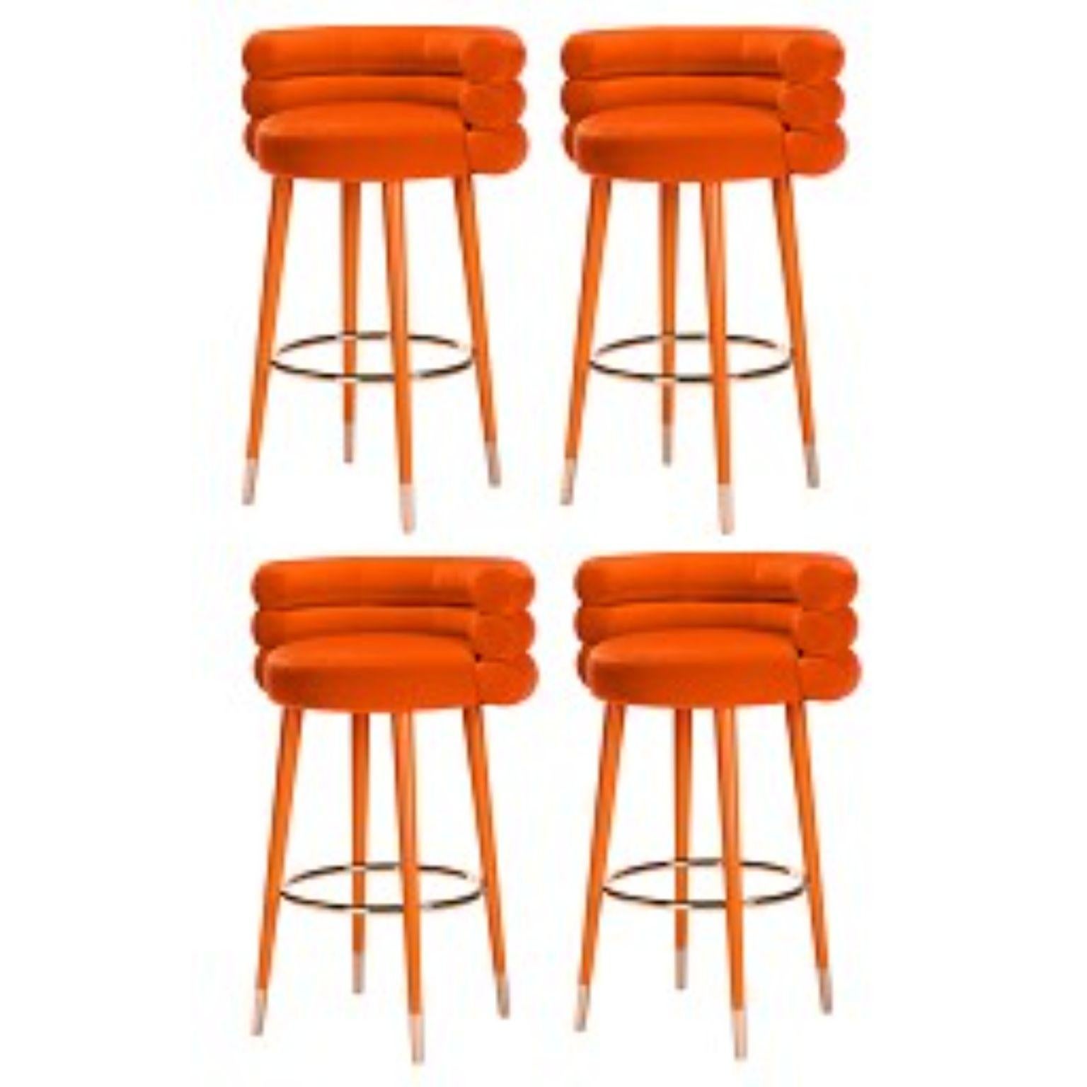 Set of 4 marshmallow bar stools, Royal Stranger
Dimensions: 100 x 70 x 60 cm
Materials: velvet upholstery, brass
Available in: mint green, light pink, royal green, royal red

Royal stranger is an exclusive furniture brand determined to bring