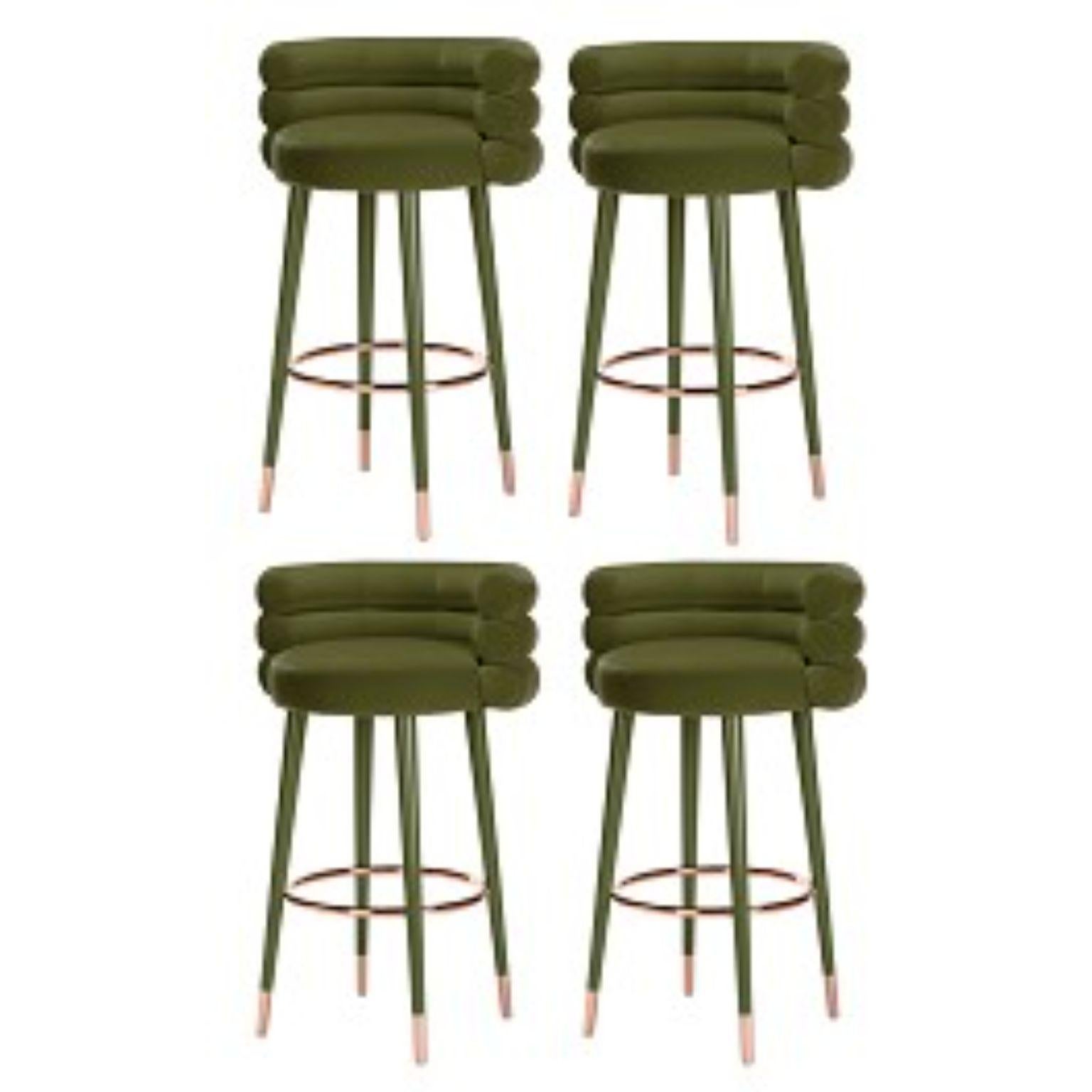 Set of 4 Marshmallow bar stools, Royal Stranger
Dimensions: 100 x 70 x 60 cm
Materials: Velvet upholstery, brass
Available in: Mint green, light pink, Royal green, Royal red

Royal stranger is an exclusive furniture brand determined to bring