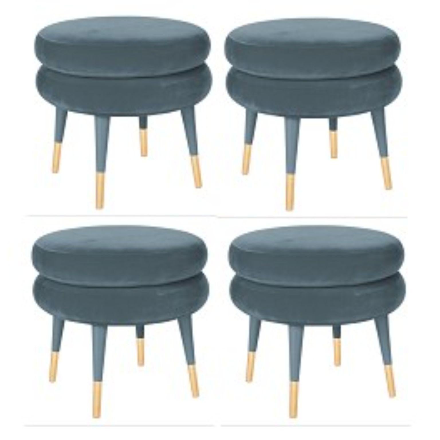 Set of 4 Marshmallow Stools, Royal Stranger
Dimensions: 45 x 50 x 50 cm
Materials: Velvet upholstery, brass
Available in: Mint green, light pink, royal green, and royal red

Royal Stranger is an exclusive furniture brand determined to bring you