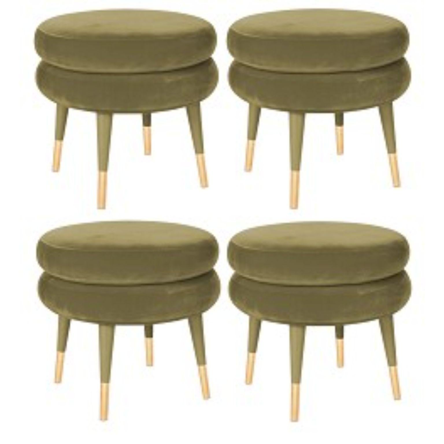 Set of 4 marshmallow stools, Royal Stranger
Dimensions: 45 x 50 x 50 cm
Materials: Velvet upholestery, brass
Available in: Mint green, light pink, royal green, royal red.

Royal Stranger is an exclusive furniture brand determined to bring you