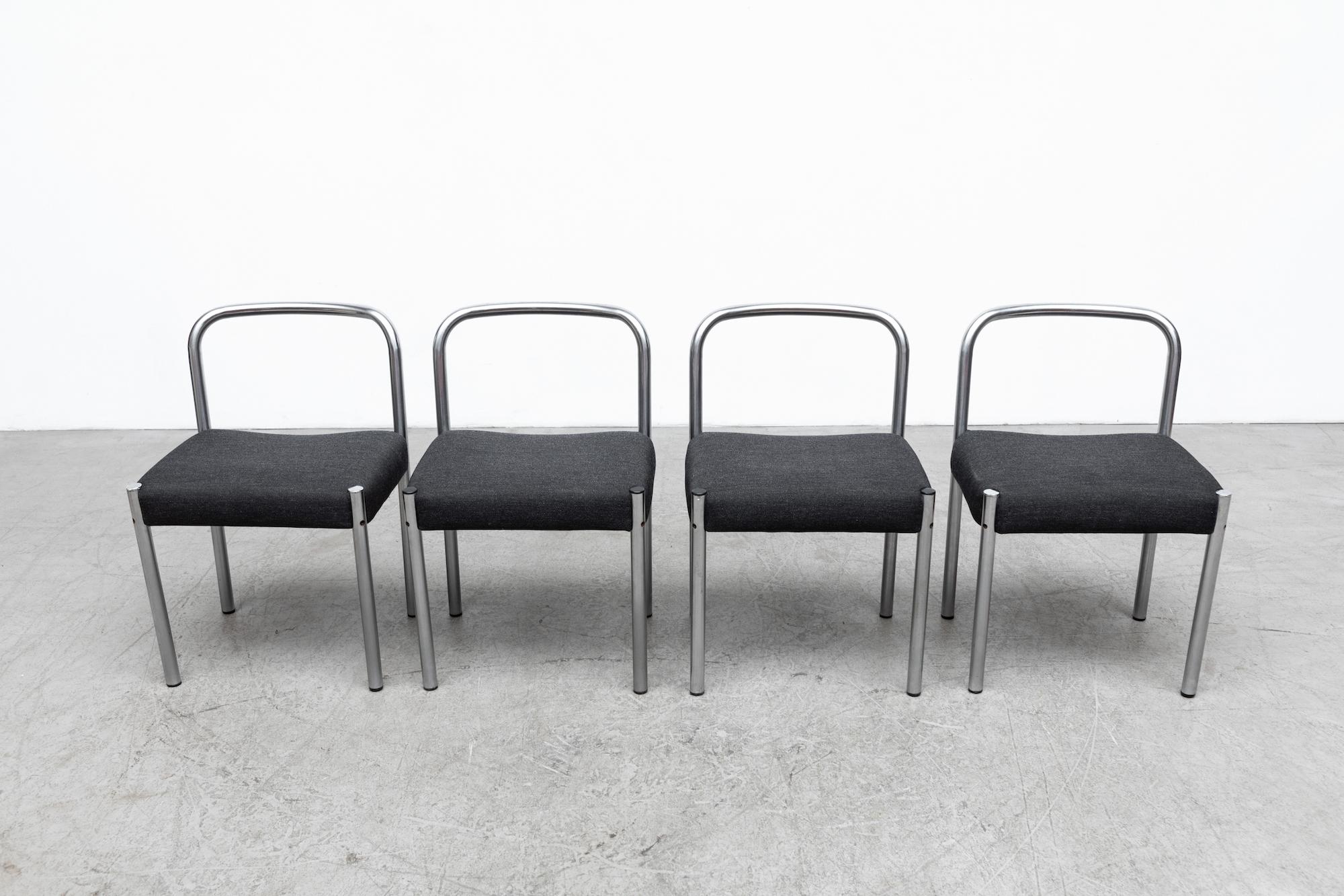 Handsome set of 4 Martin Visser, 1970's, simple modern chrome chairs with grey seating. In original condition with visible wear and patina. Wear is consistent with its age and use. Set price.