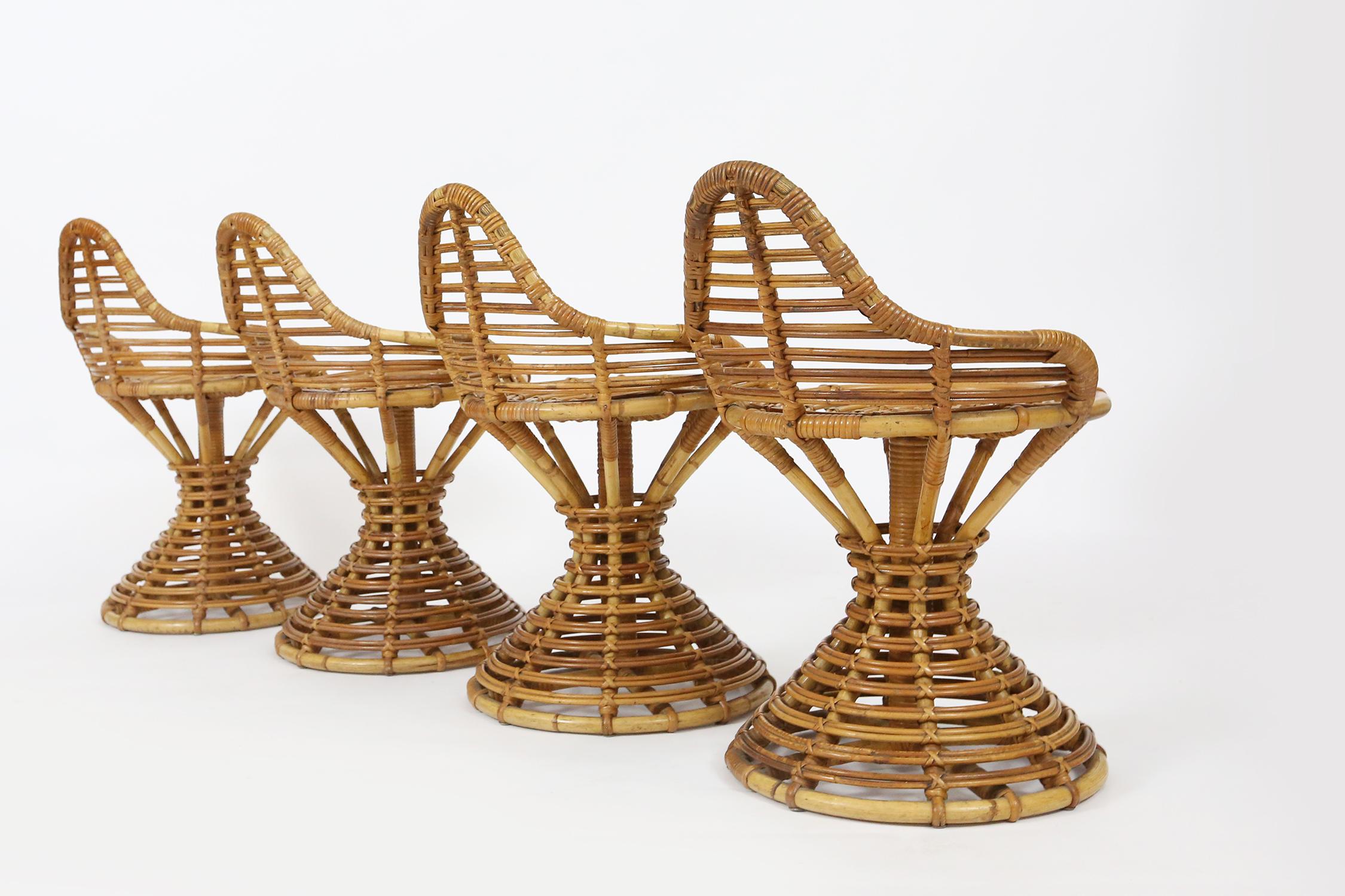 Mid-Century Modern Set of 4 Mary Beatrice Bloch Rattan Stools Manufactured by Robert Wengler For Sale