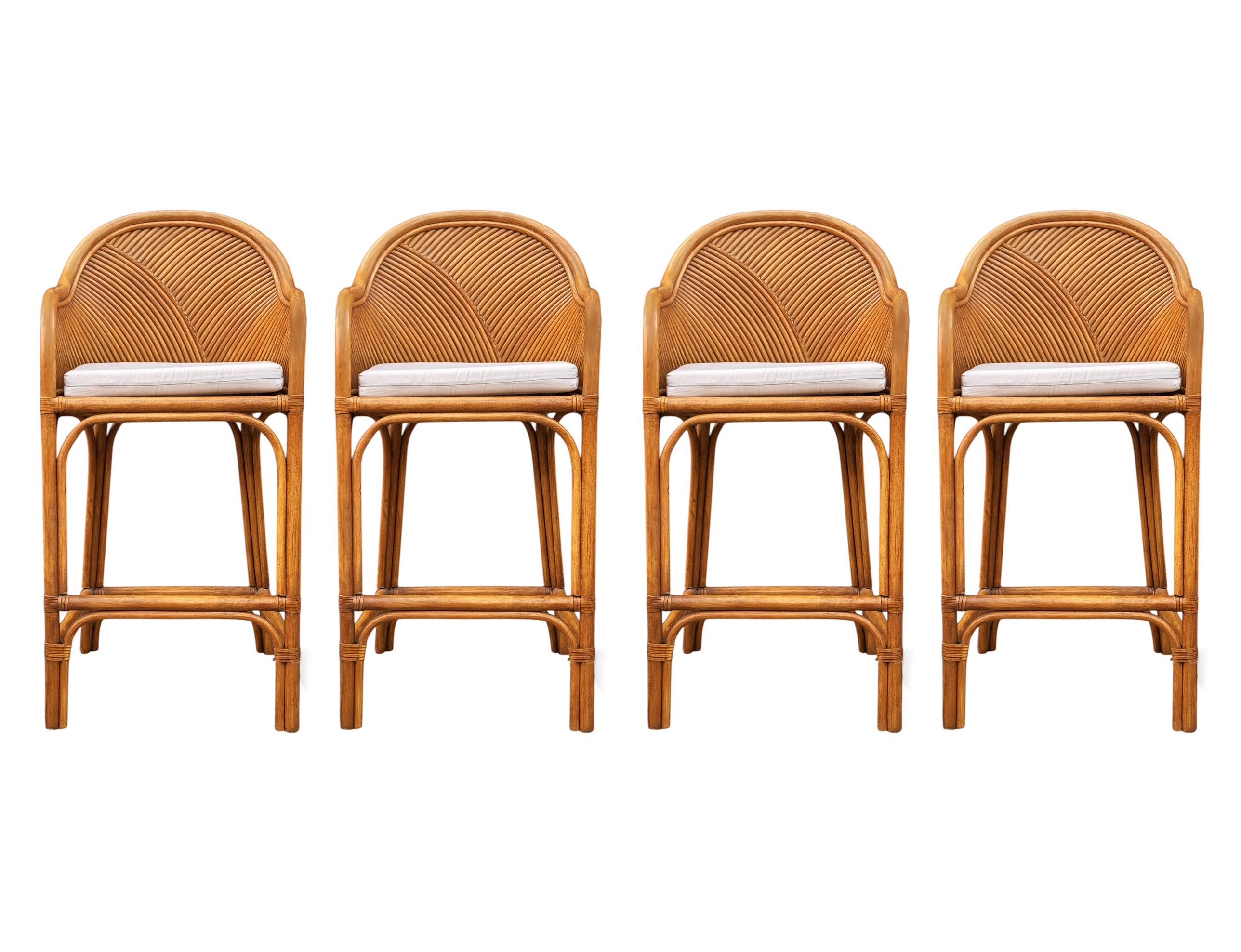 Set of 4 Matching Mid-Century Modern Rattan or Bamboo Bar Stools In Good Condition In Philadelphia, PA