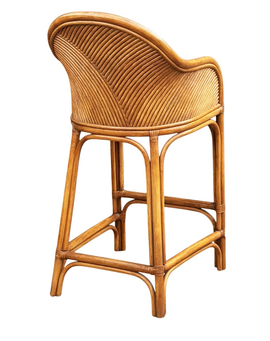 Fabric Set of 4 Matching Mid-Century Modern Rattan or Bamboo Bar Stools