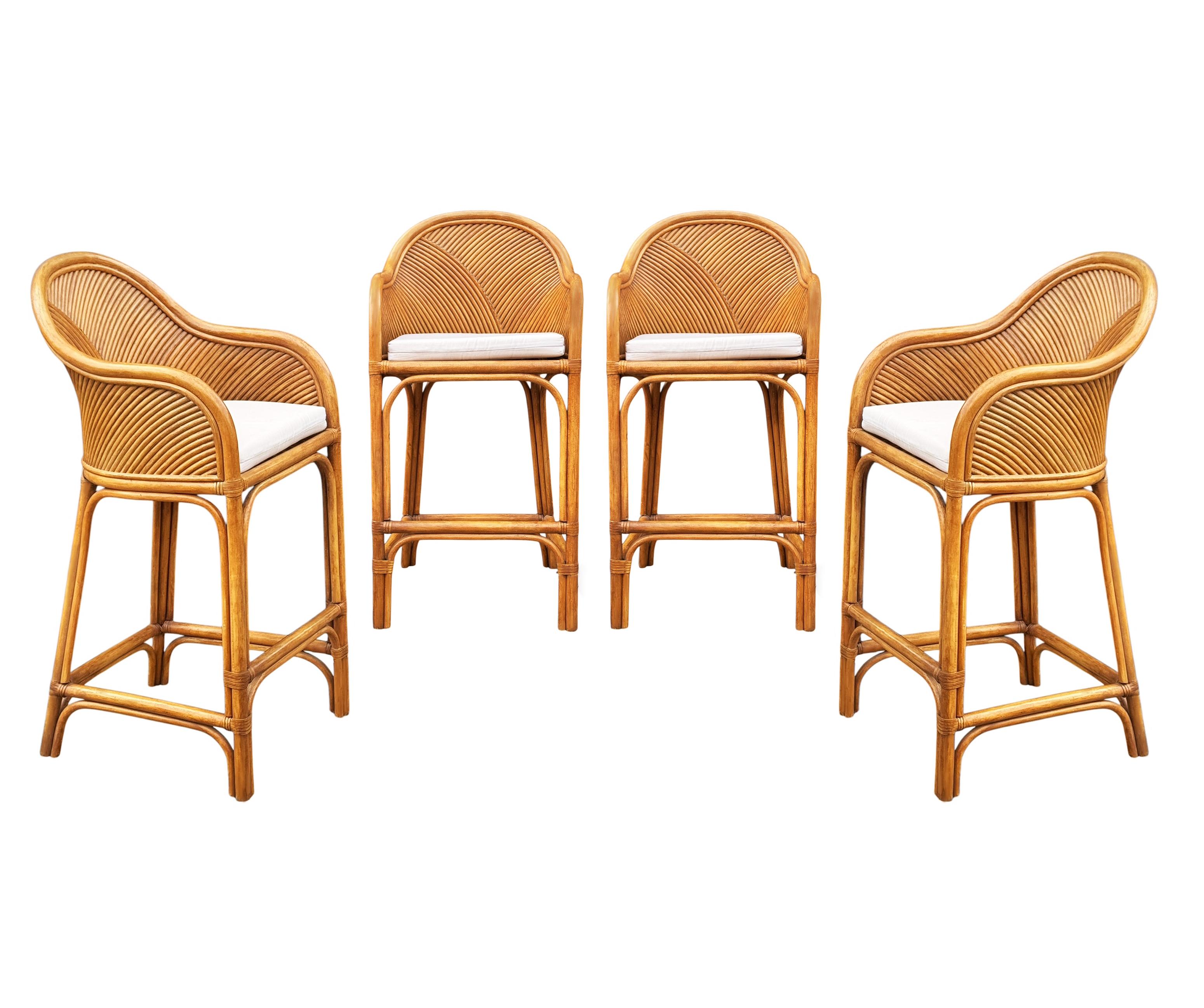 Set of 4 Matching Mid-Century Modern Rattan or Bamboo Bar Stools 1