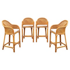 Set of 4 Matching Mid-Century Modern Rattan or Bamboo Bar Stools