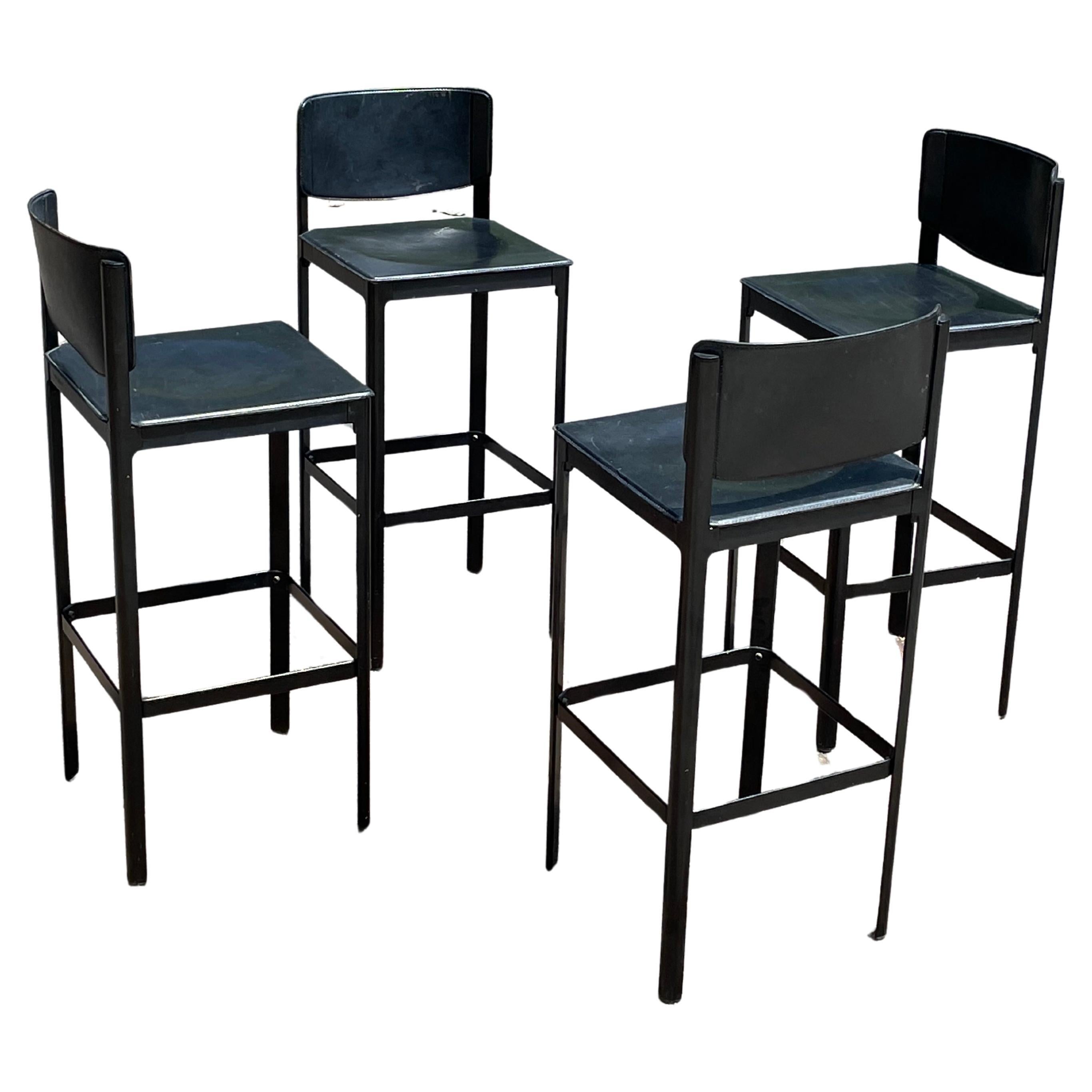 Mid-Century Modern Set of 4 Matteo Grassi Bar Stools in Black Leather