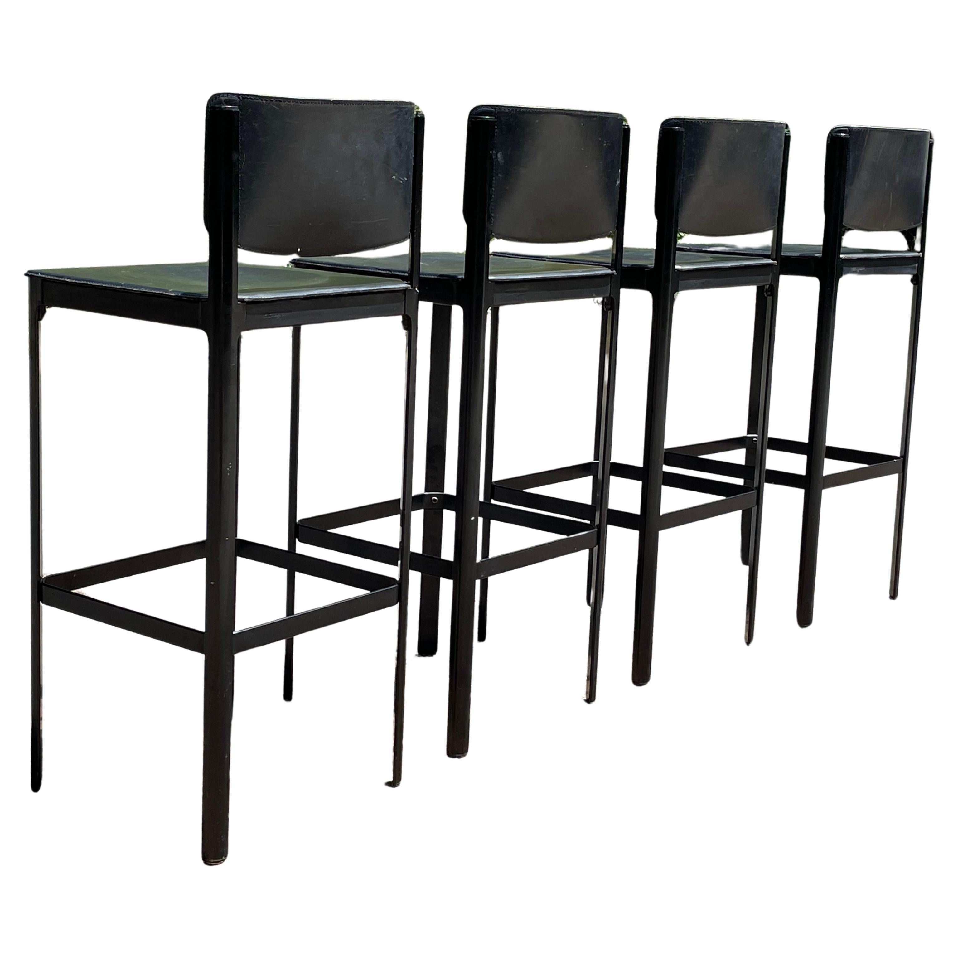Italian Set of 4 Matteo Grassi Bar Stools in Black Leather